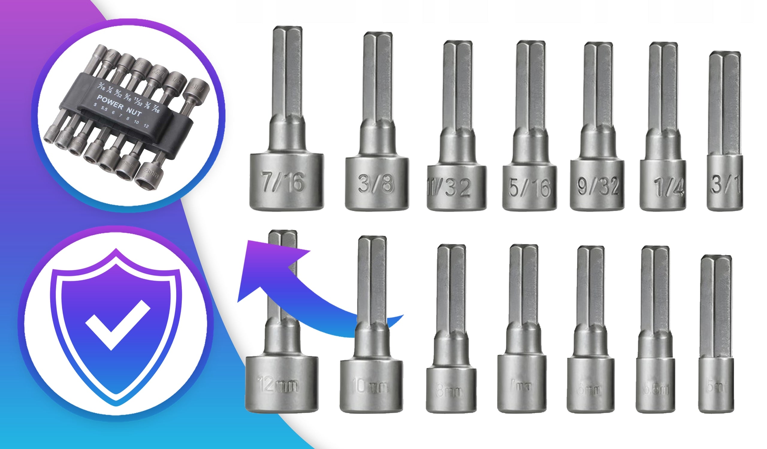 SOCKET WRENCHES FOR SCREWDRIVER BITS SET WITH CASE 14pcs 3/16 5-12mm Packaging status original