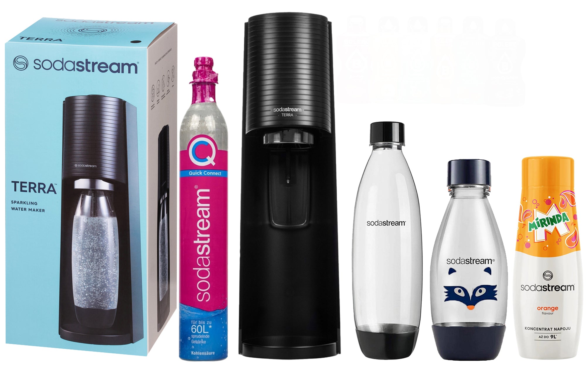 SODASTREAM TERRA SATURATOR BOTTLE CARTRIDGE 1x 1L FUSE 1x 0,5L Mirinda Gift