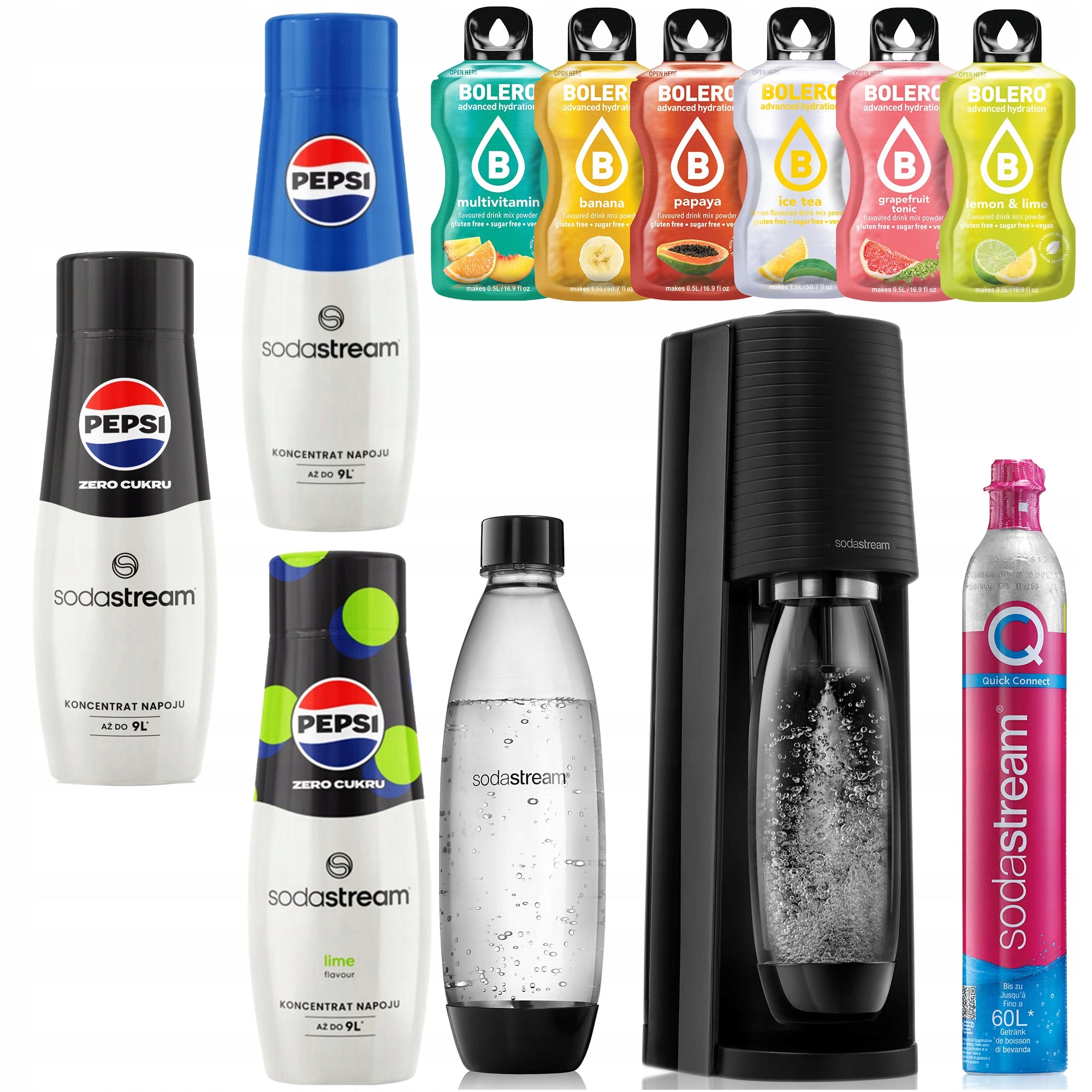 SODASTREAM TERRA SATURATOR CARTRIDGE BOTTLE + 3x BOLERO syrup and sachets