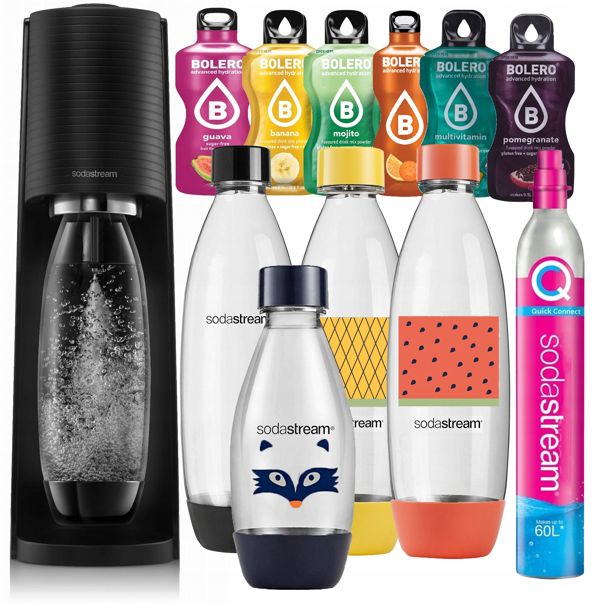 SODASTREAM TERRA SATURATOR CARTRIDGE Co2 BOTTLES FUSE x4 + BOLERO pome sachets