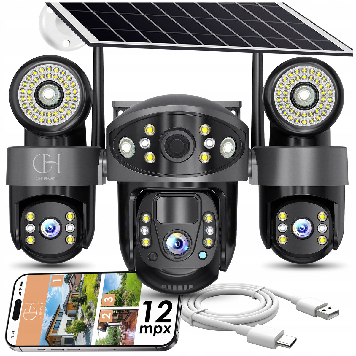 SOLAR CAMERA 12MPx WIFI ROTATING 3 LENSES WIRELESS IP66