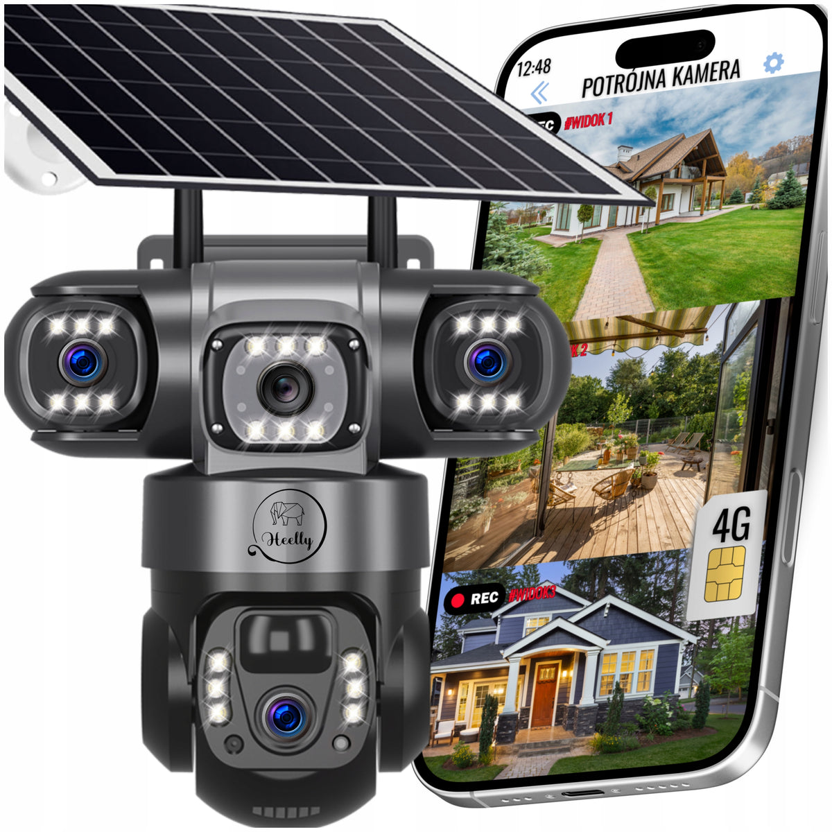 SOLAR CAMERA 4G OUTDOOR THREE HD LENSES 3X3MP CARD SIM LTE HEELLY Packaging status original
