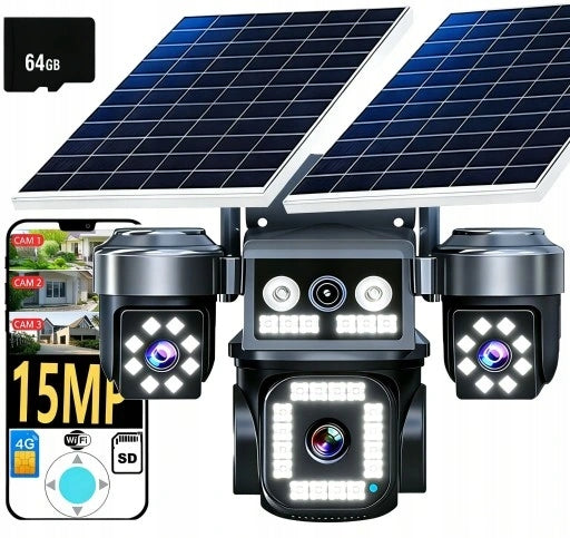 SOLAR CAMERA 4G OUTDOOR THREE HD LENSES 5MP* 4 CARD SIM LTE