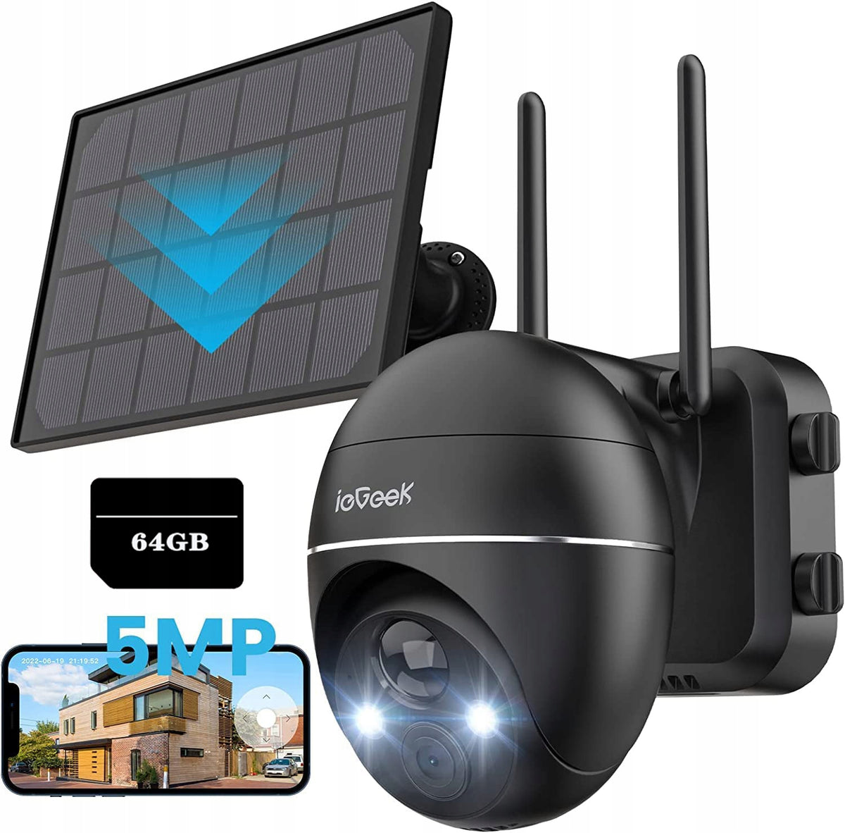 SOLAR CAMERA OUTDOOR ROTATING IP WIFI 5MPx 4x ZOOM Wireless 64GB