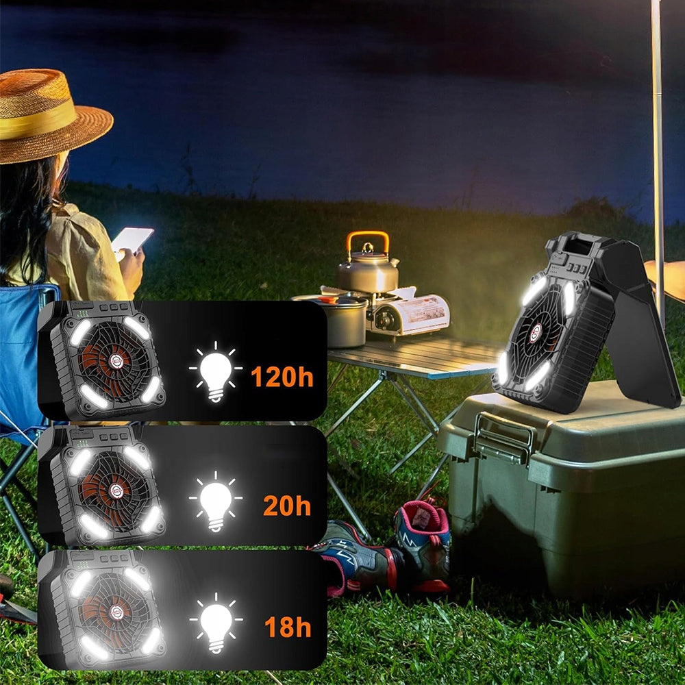 SOLAR CAMPING FAN LED LAMP 4 WIND SPEEDS 2 CHARGING METHOD Dominant color black