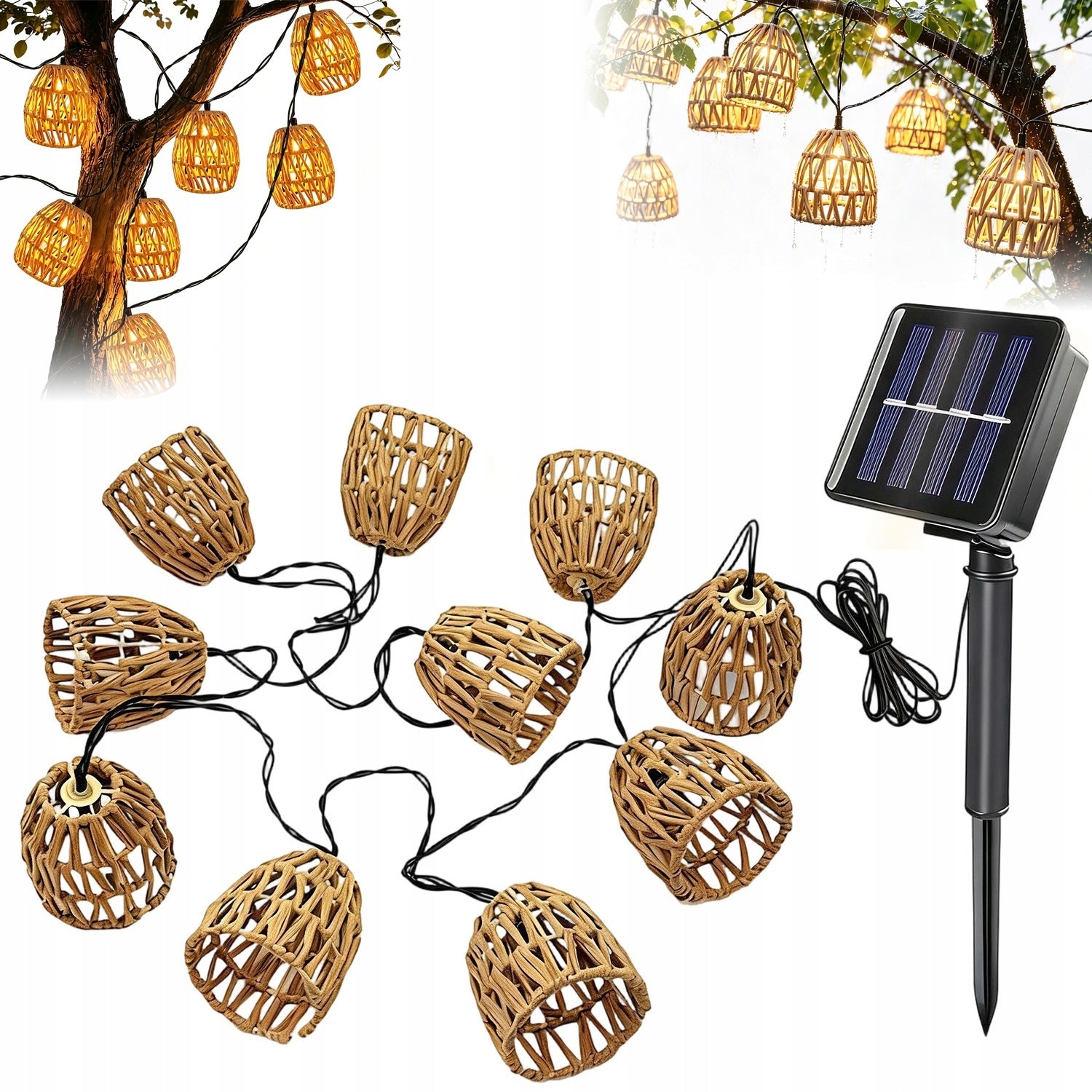 SOLAR GARDEN LAMP RATTAN LED DECORATIVE LIGHTS 10 LANTERNS 3,6M