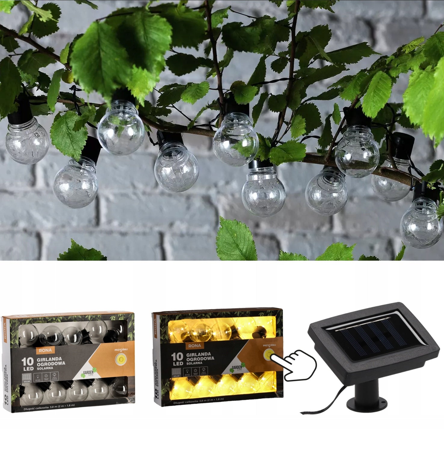 SOLAR GARLAND 3,8 m 10 LED Warm White IP44 Balcony Garden Terrace Packaging status original