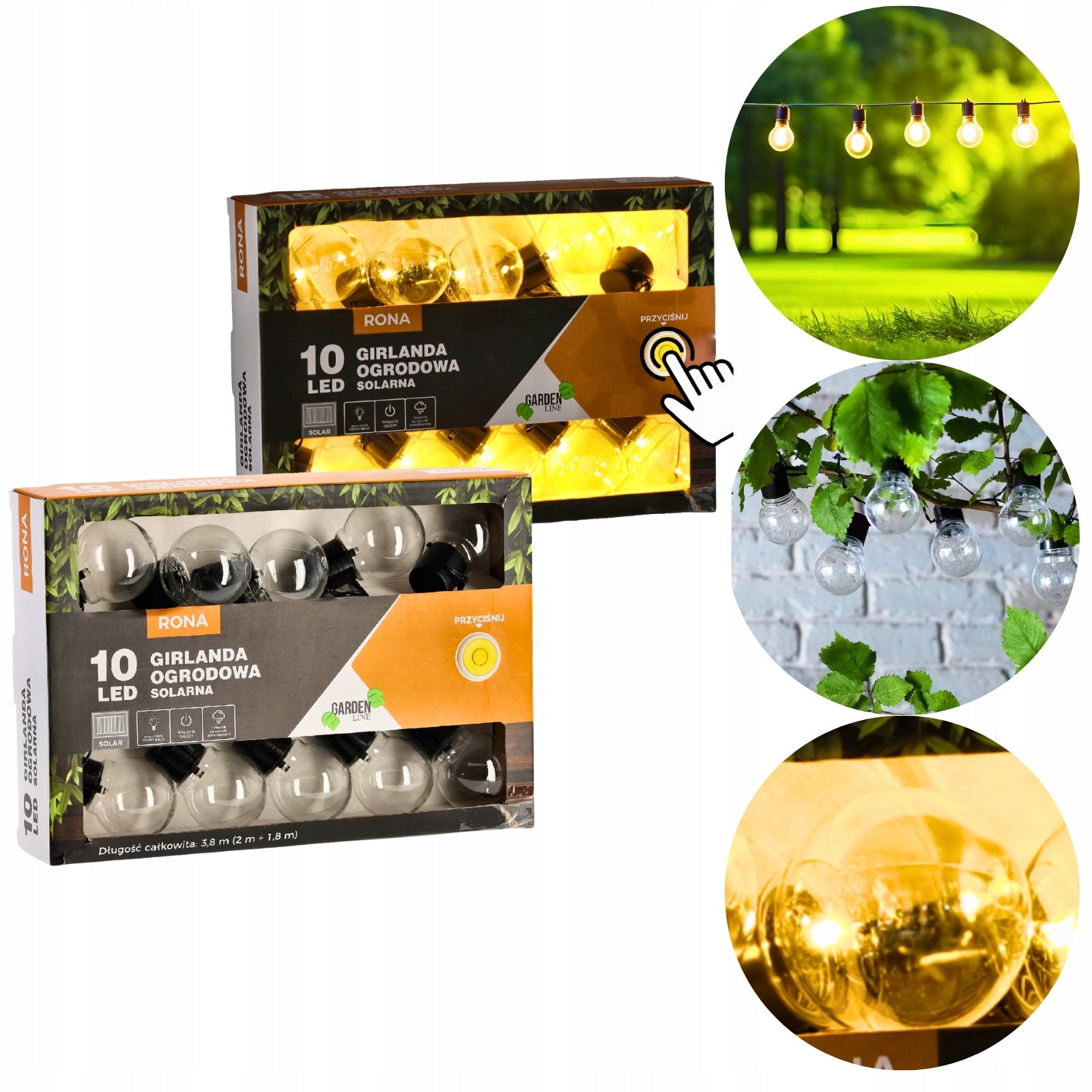 SOLAR GARLAND 3,8 m 10 LED Warm White IP44 Balcony Garden Terrace