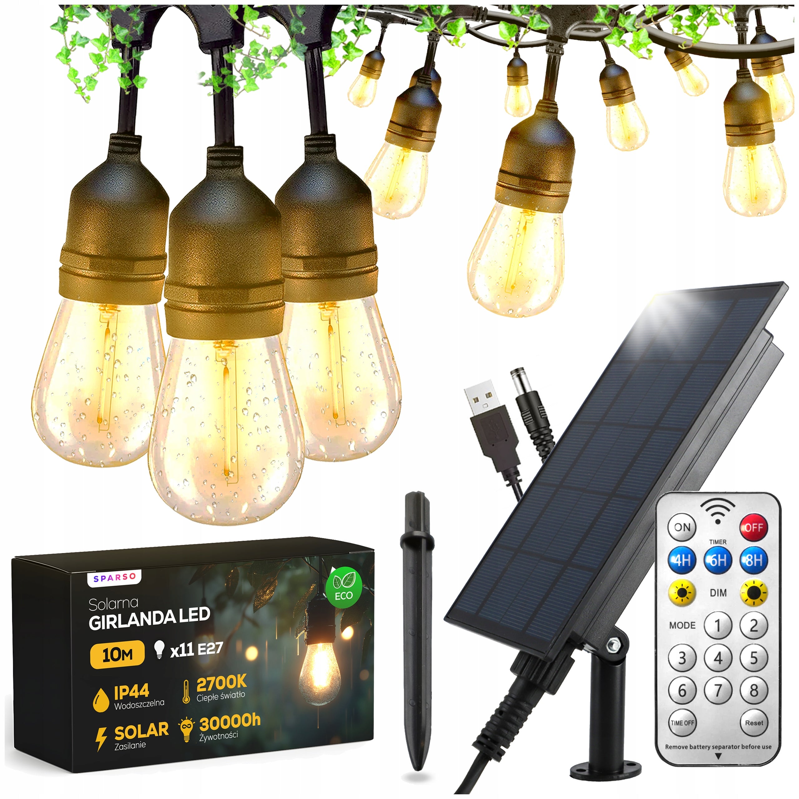 SOLAR GARLAND Garden Solar Lights 10m 10X LED Bulb E27 + PILOT