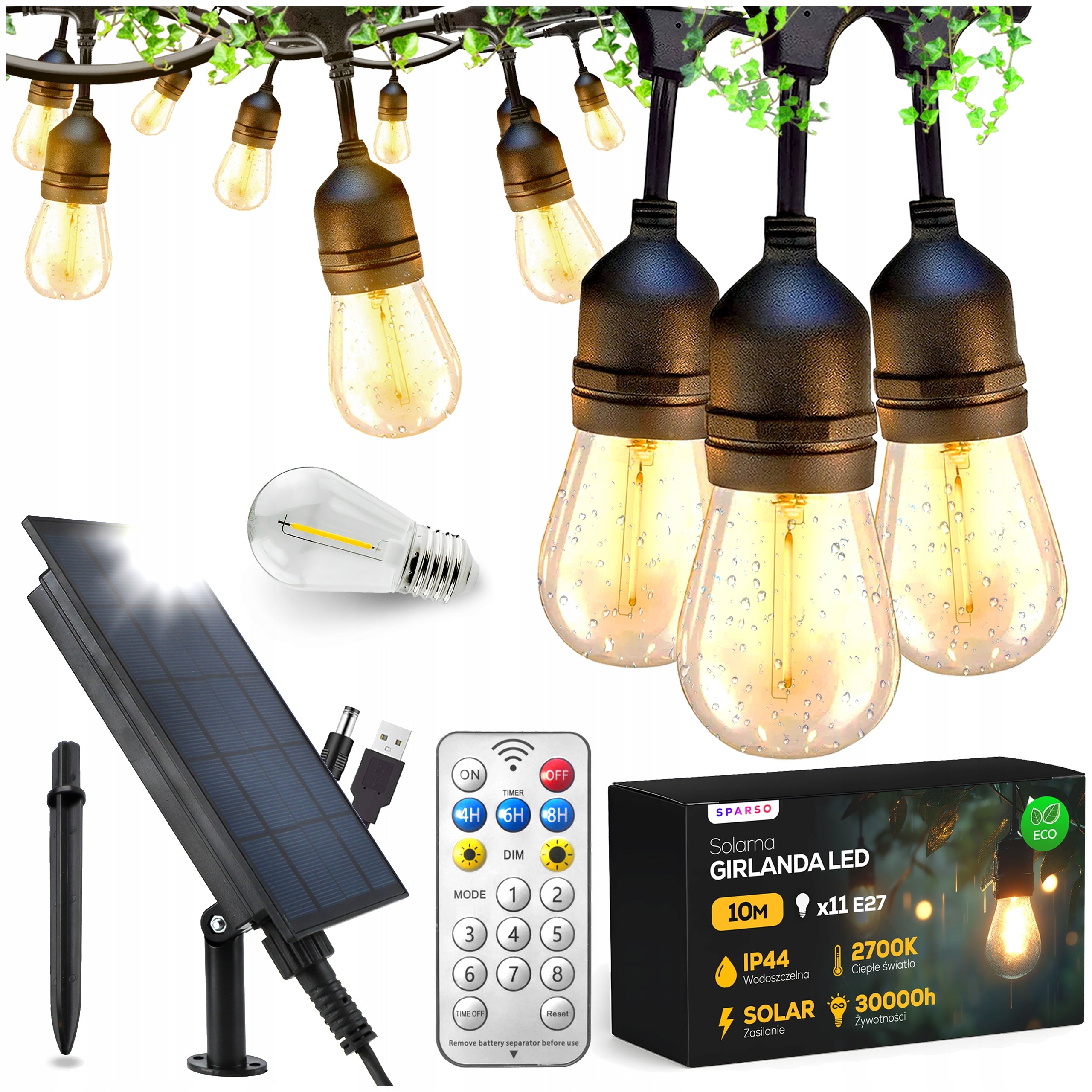 SOLAR GARLAND Garden Solar Lights 10m 10X LED Bulb E27 + PILOT