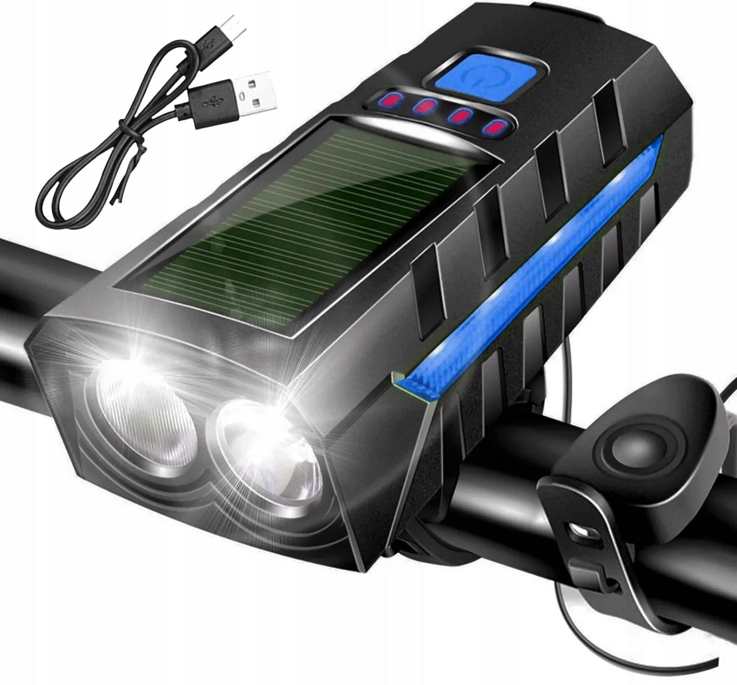 SOLAR LED BICYCLE LIGHT FOR HANDLEBAR SET FRONT REAR LOUD BELL Brand 4NEO
