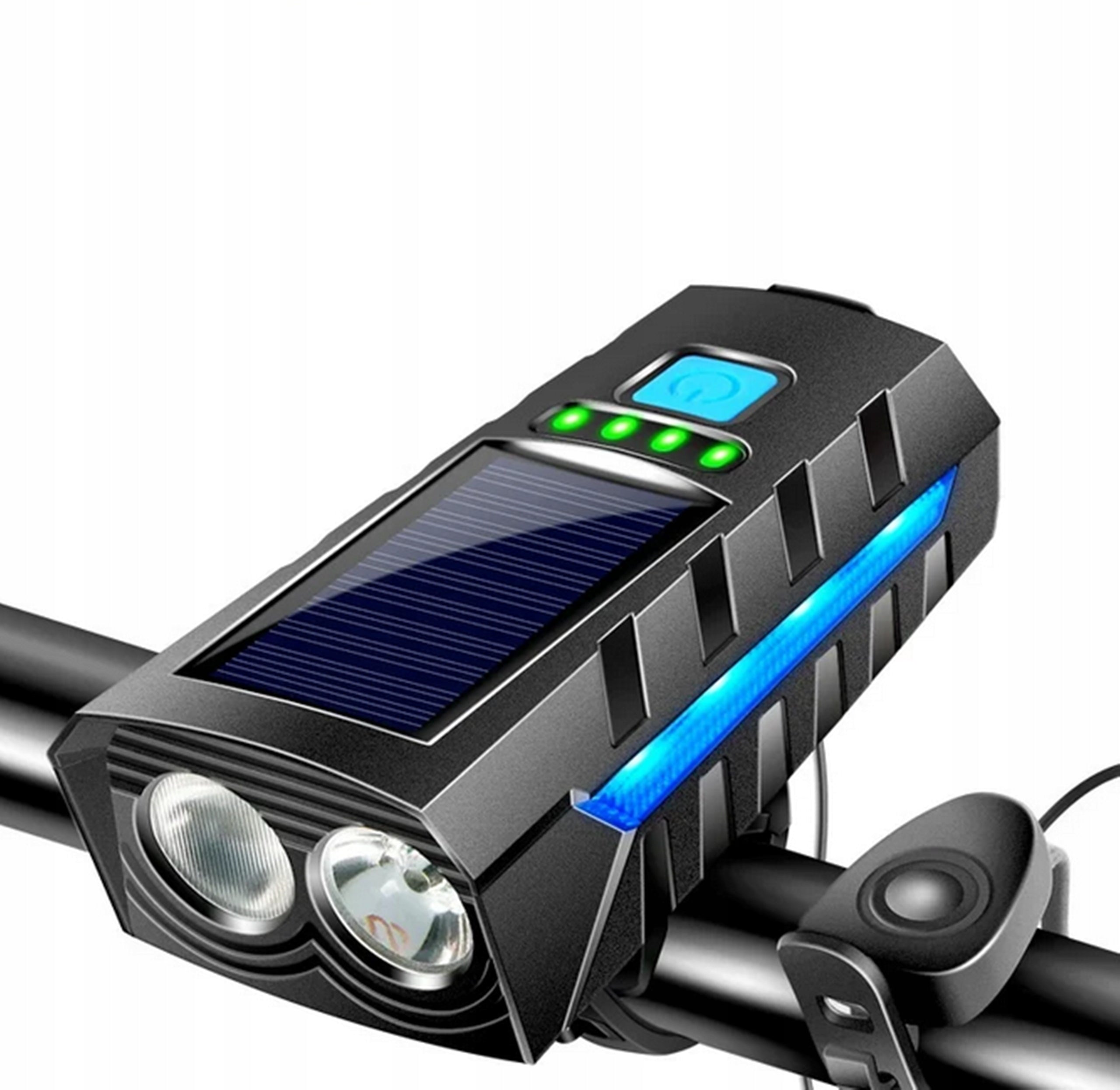 SOLAR LED BICYCLE LIGHT FOR HANDLEBAR SET FRONT REAR LOUD BELL Light beam 1200 lm