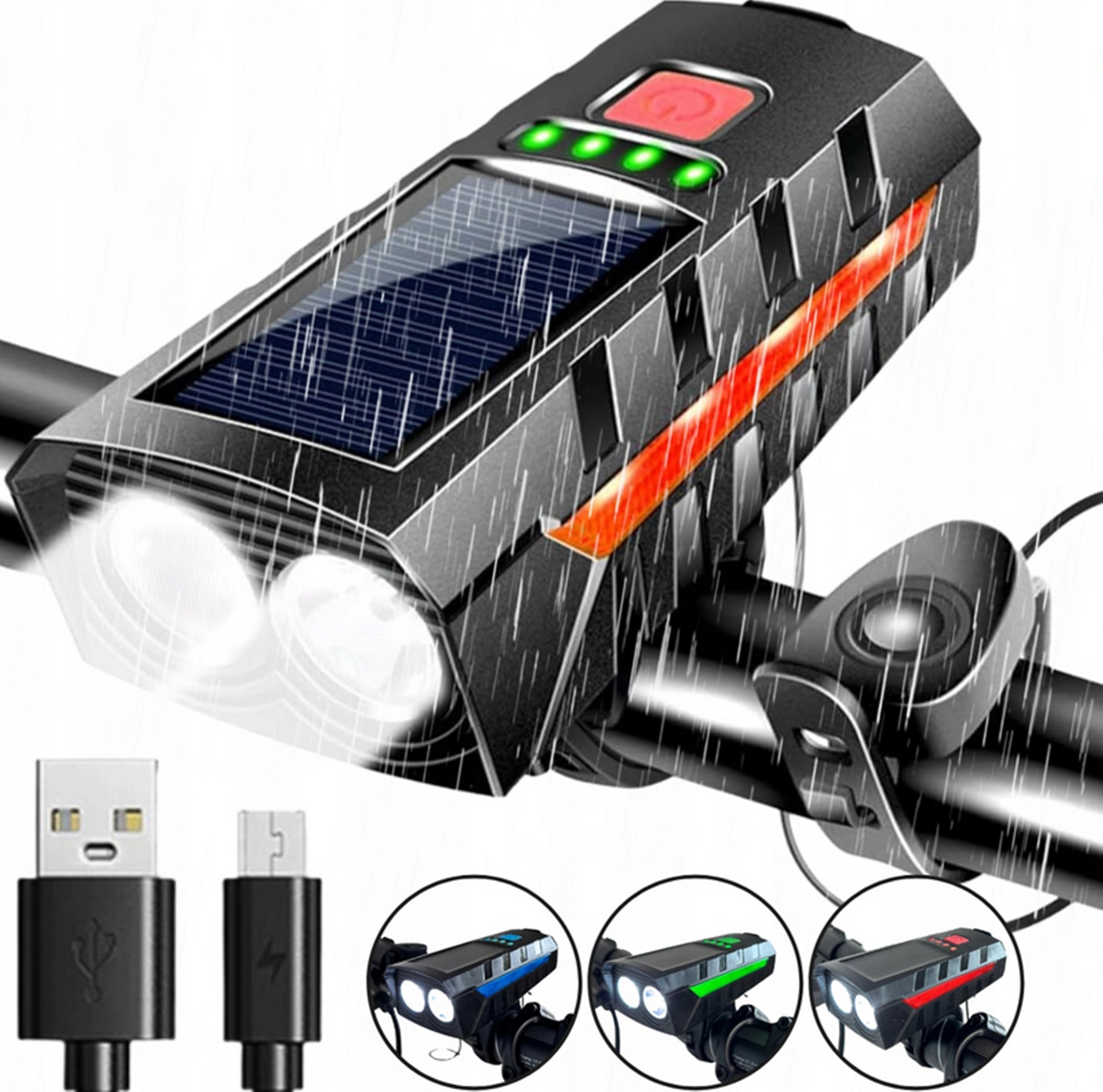 SOLAR LED BICYCLE LIGHT FOR HANDLEBAR SET FRONT REAR LOUD BELL Light source LED