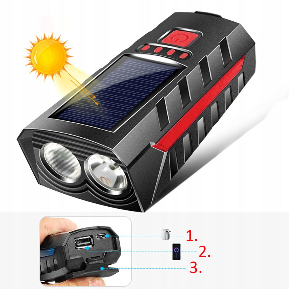 SOLAR LED BICYCLE LIGHT FOR HANDLEBAR SET FRONT REAR LOUD BELL Manufacturer code DO ROWERU PRZEDNIA TYLNA ŚWIATŁO KLAKSON