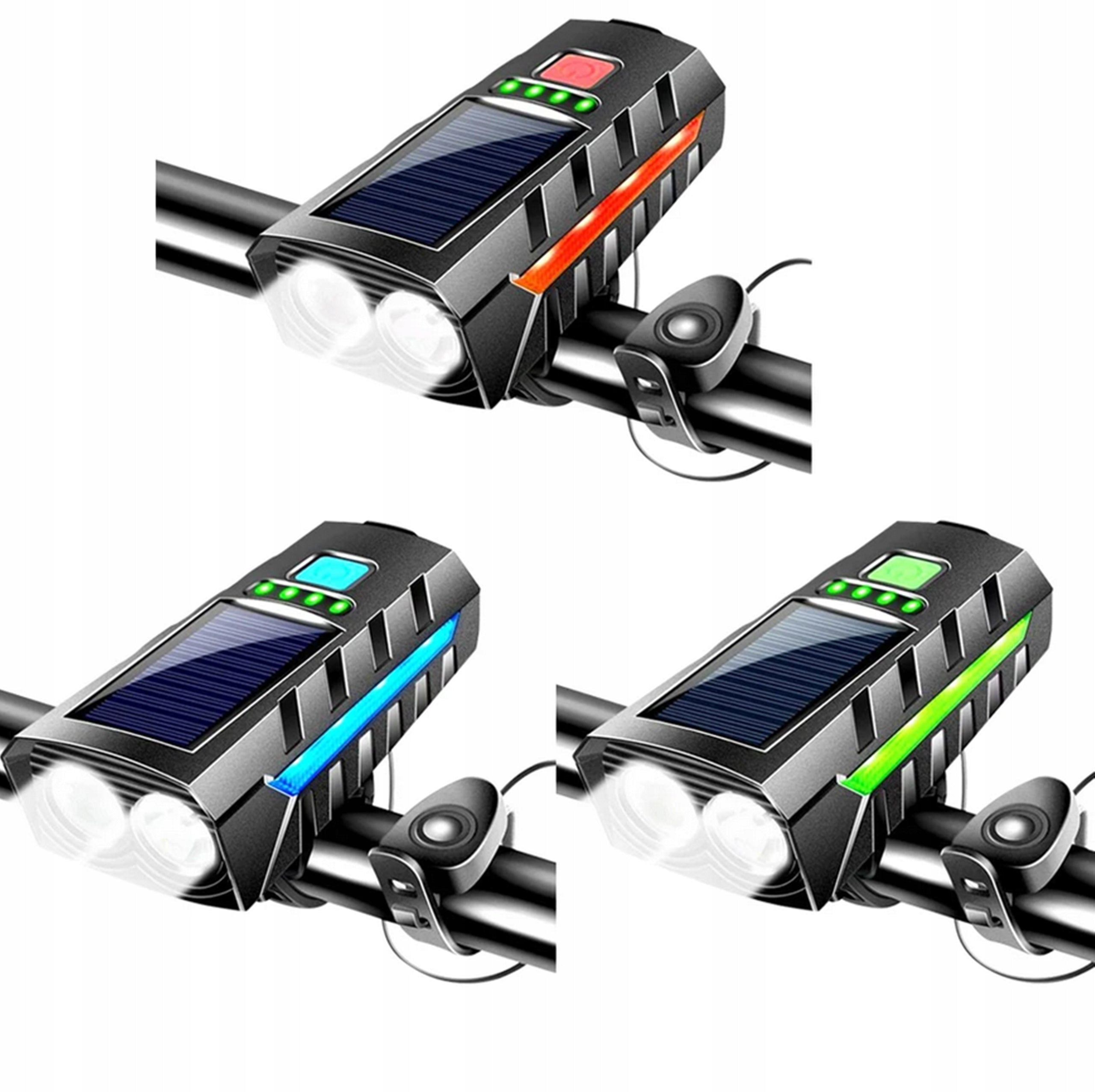 SOLAR LED BICYCLE LIGHT FOR HANDLEBAR SET FRONT REAR LOUD BELL Model ŚWIATŁO KLAKSON DO ROWERU PRZEDNIA TYLNA SOLARNE