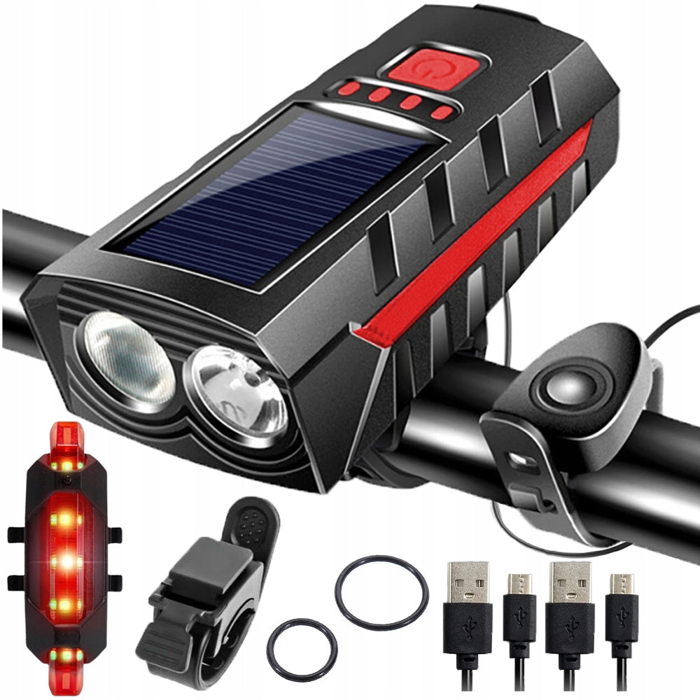 SOLAR LED BICYCLE LIGHT FOR HANDLEBAR SET FRONT REAR LOUD BELL