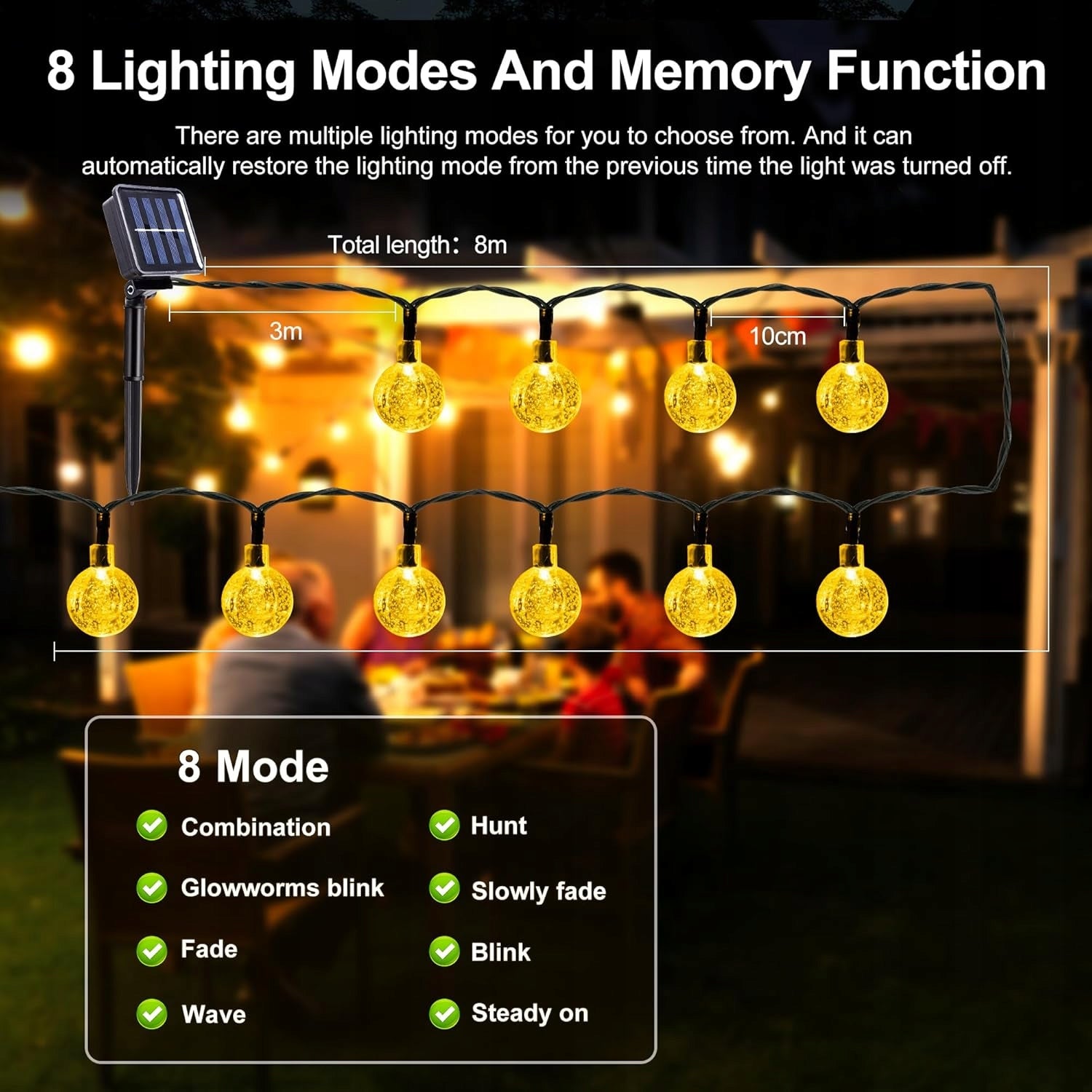 SOLAR LIGHT CHAIN 8M 50 LEDS FOR GARDEN, BALCONY, TERRACE Manufacturer code LAMPY SOLARNE 8M 5O LED