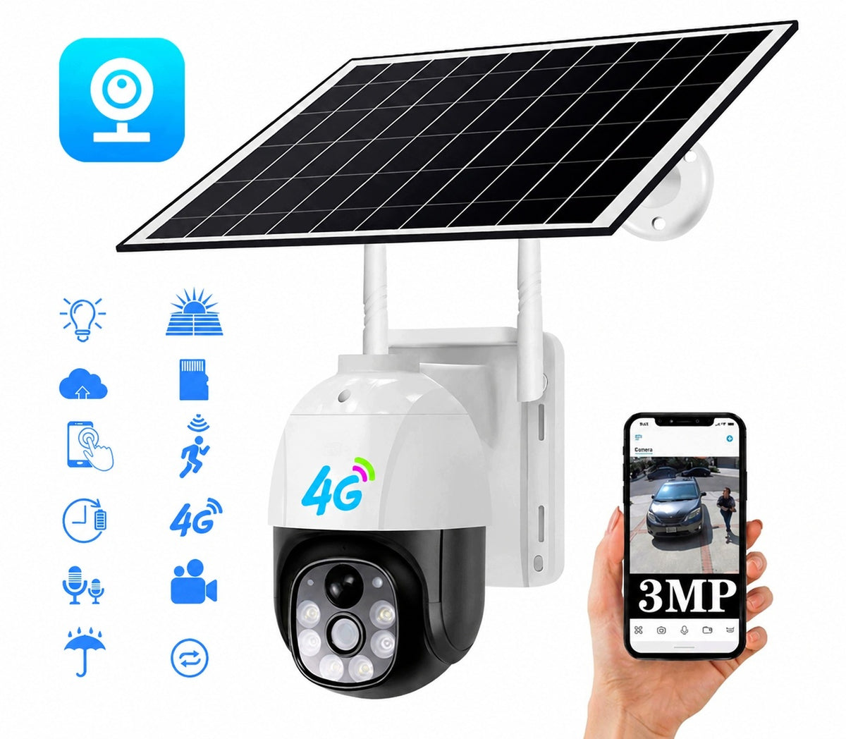 SOLAR OUTDOOR CAMERA ROTATING FOR SIM CARD 4G LTE GSM 2K 3MP