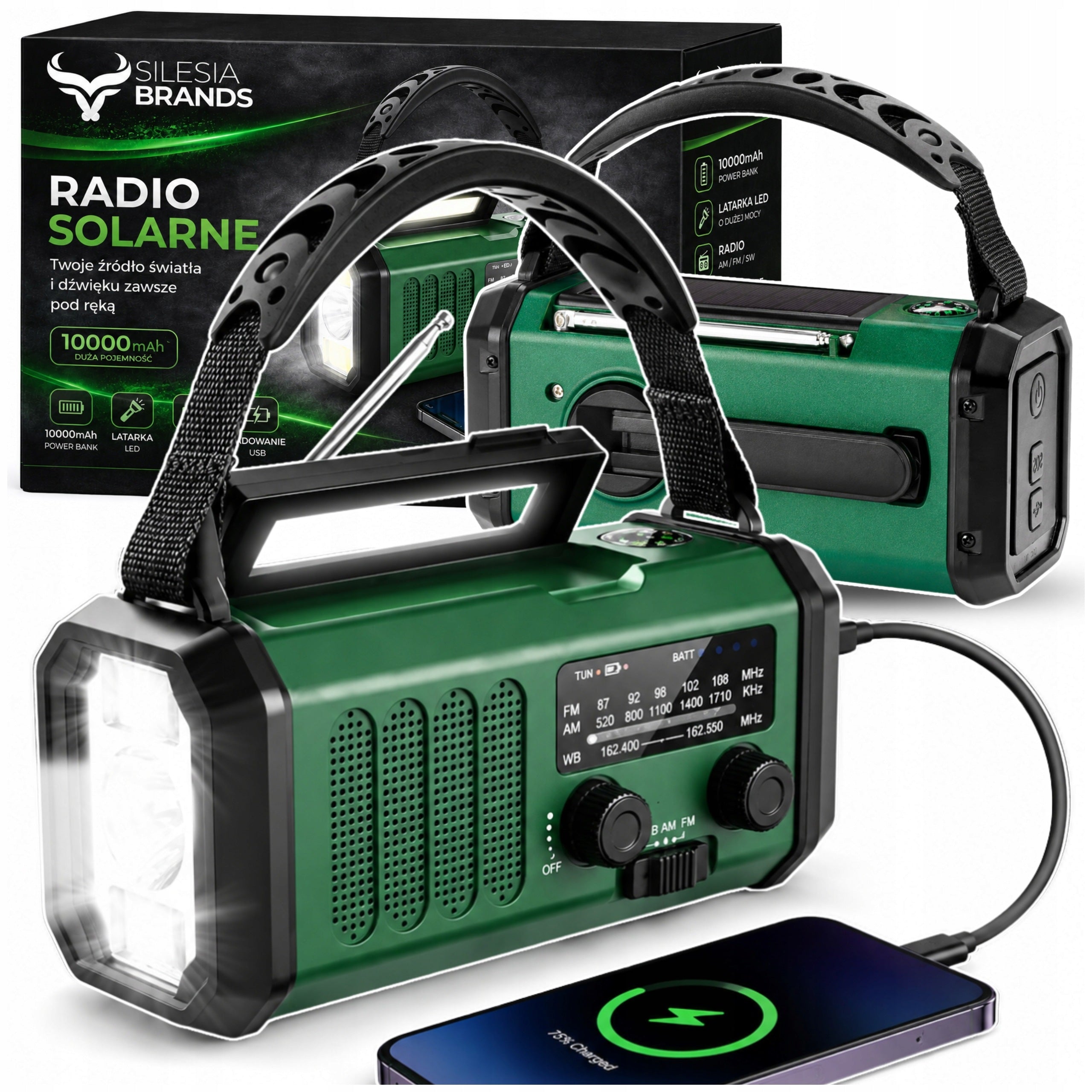 SOLAR PORTABLE RADIO FOR CONSTRUCTION CRANK 10000 mAh SOS FLASHLIGHT POWERBANK