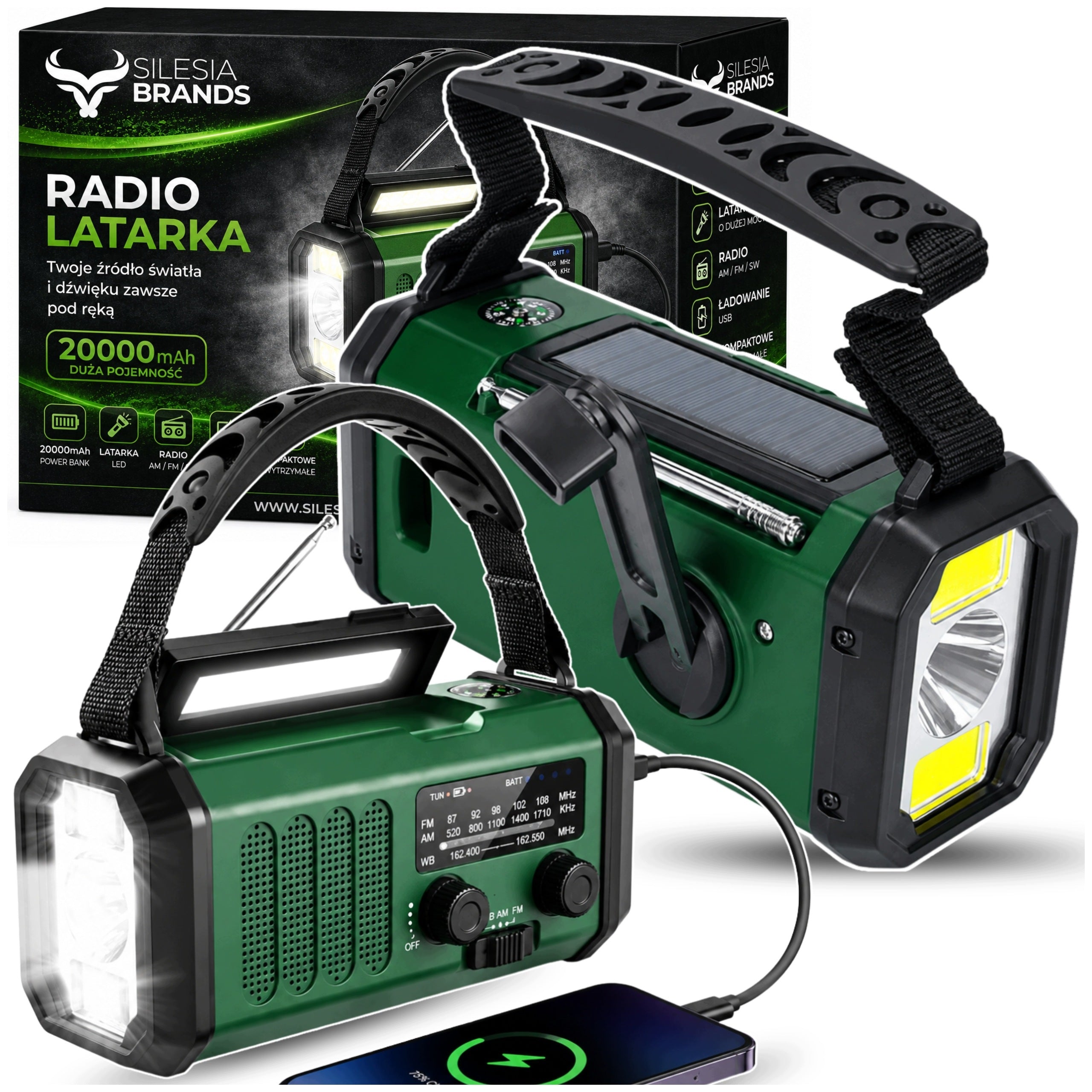 SOLAR PORTABLE RADIO FOR CONSTRUCTION CRANK 20000 mAh SOS FLASHLIGHT POWERBANK
