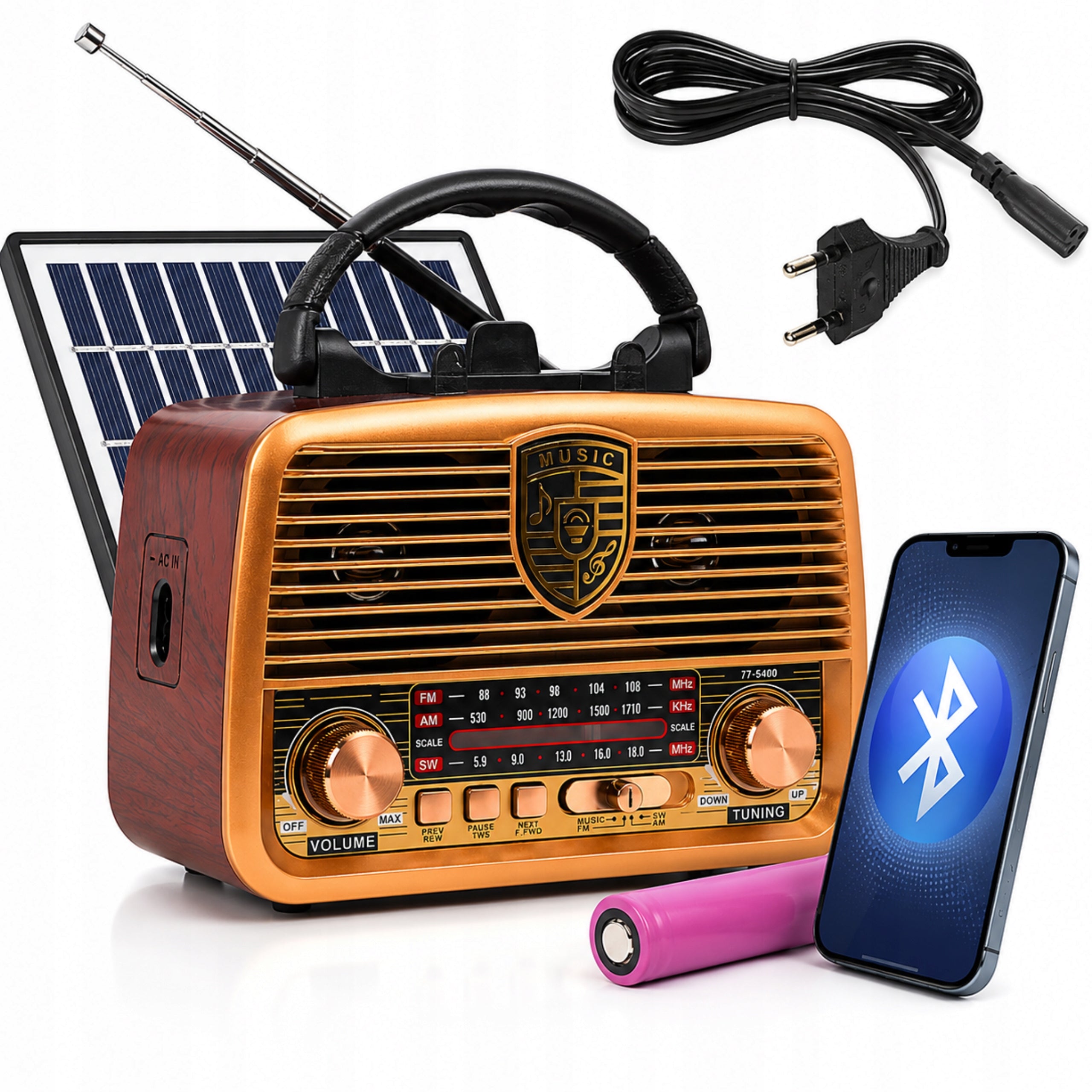 SOLAR RADIO BATTERY OPERATED RETRO AM FM BLUETOOTH SD