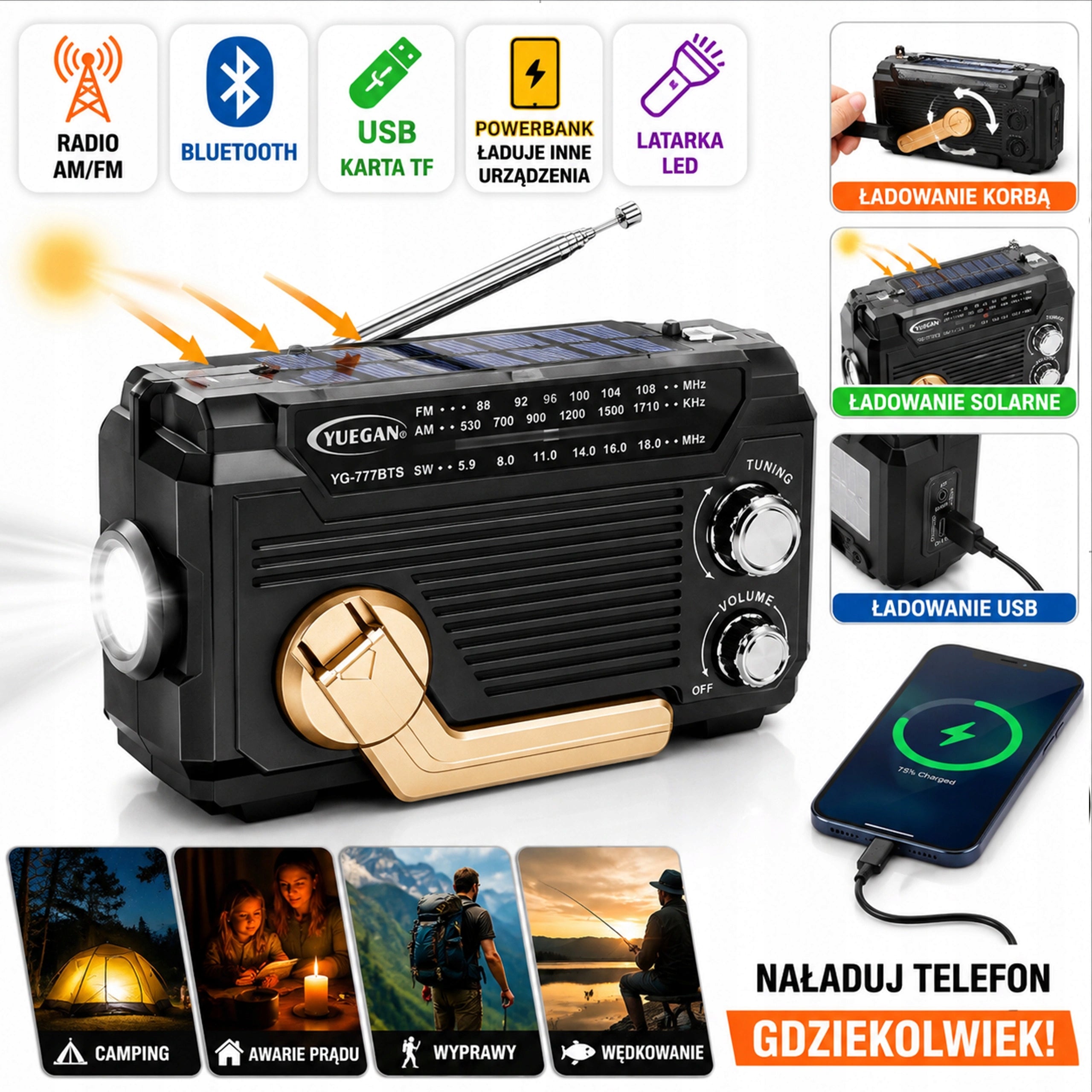 SOLAR RADIO WITH CRANK EMERGENCY BLUETOOTH USB AM FM FLASHLIGHT LED POWERBANK Packaging status original