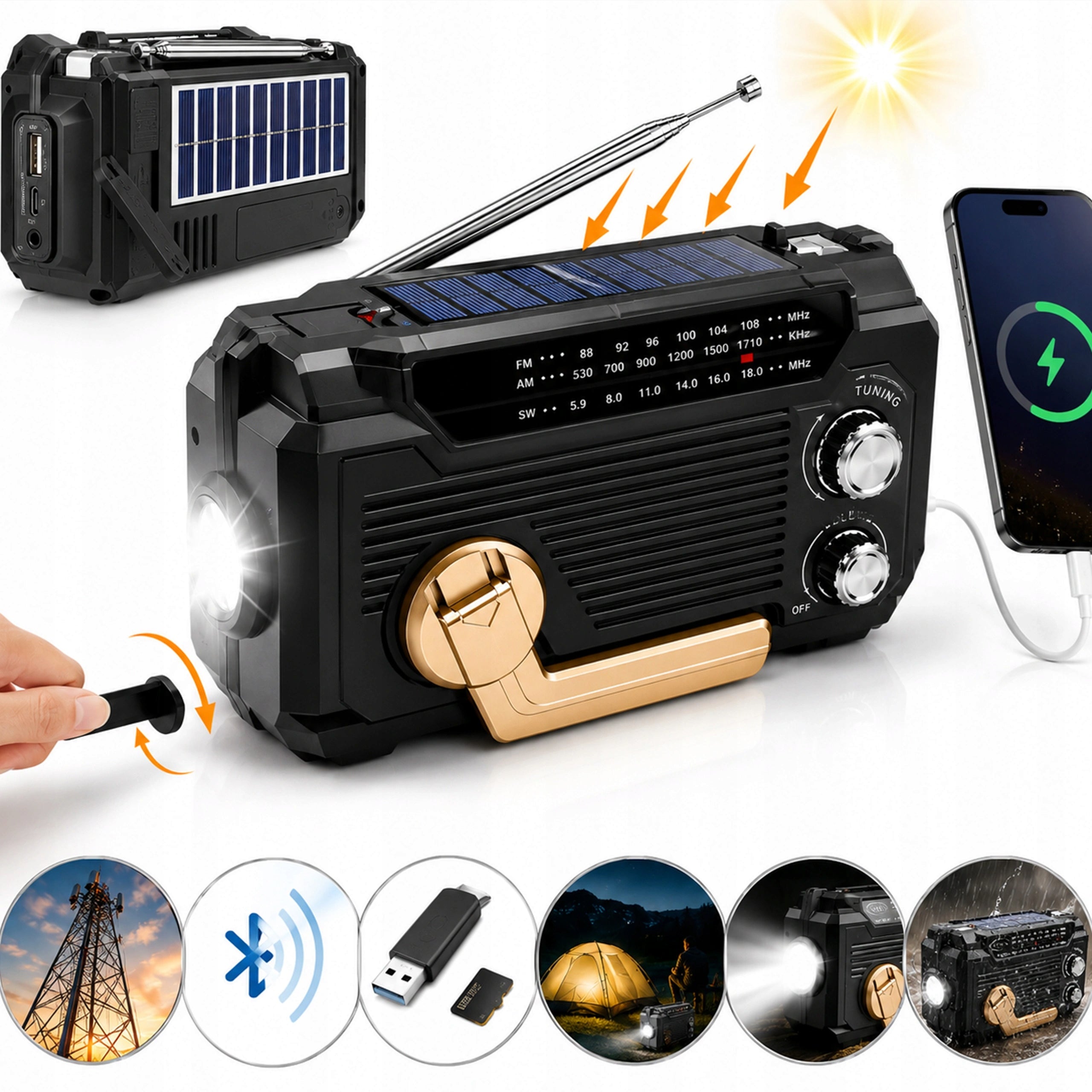 SOLAR RADIO WITH CRANK EMERGENCY BLUETOOTH USB AM FM FLASHLIGHT LED POWERBANK