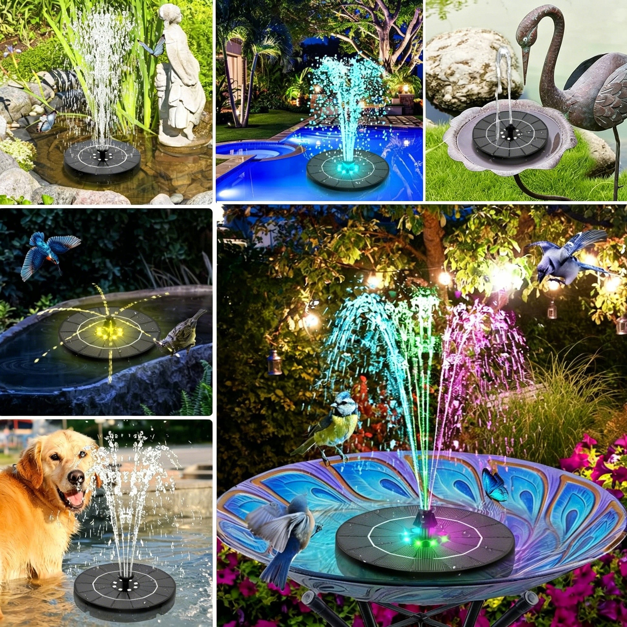 SOLAR WATER FOUNTAIN RGB 3W WITH 8 LED FOR POND WITH 6 NOZZLES Packaging status original