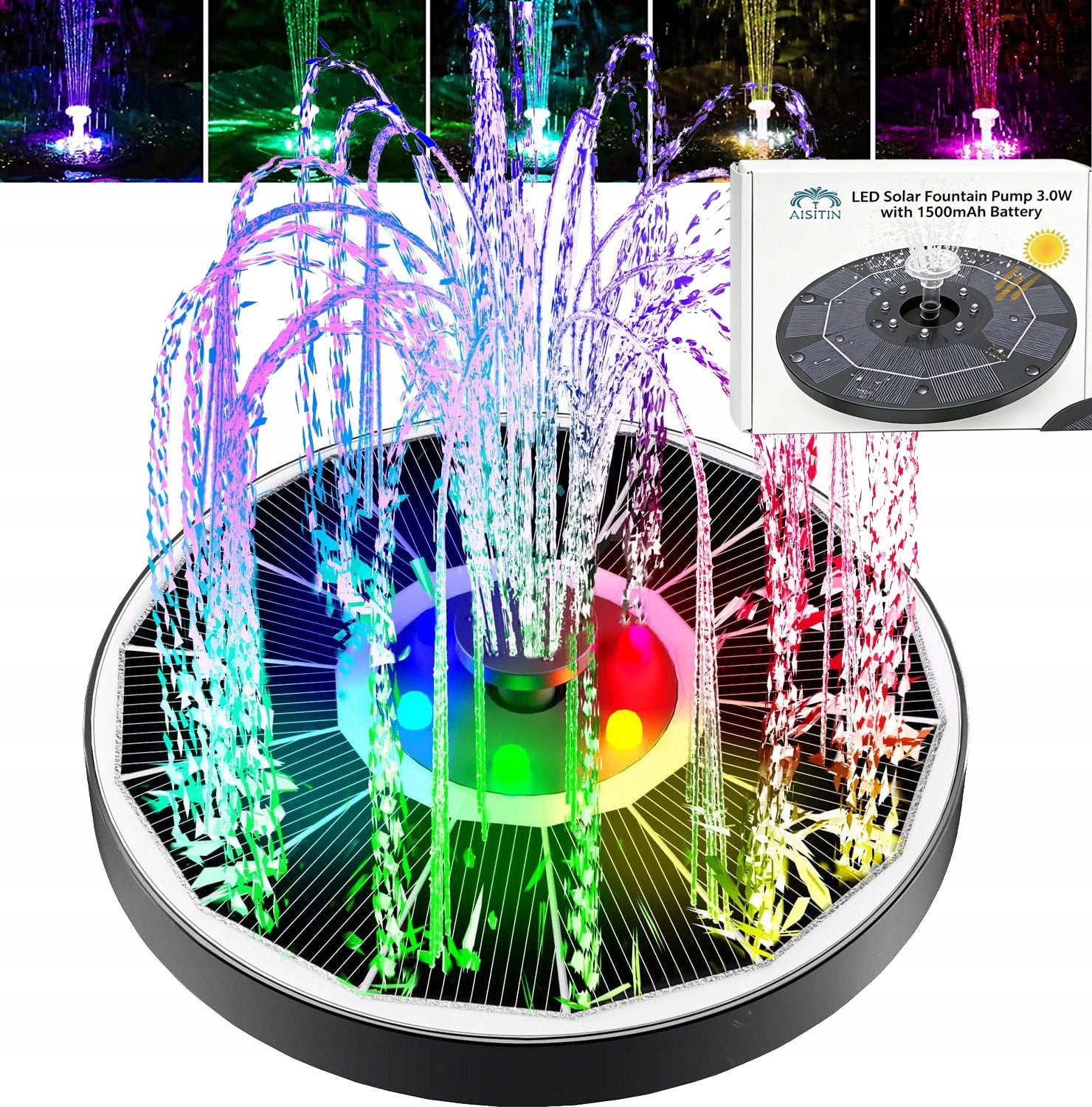 SOLAR WATER FOUNTAIN RGB 3W WITH 8 LED FOR POND WITH 6 NOZZLES