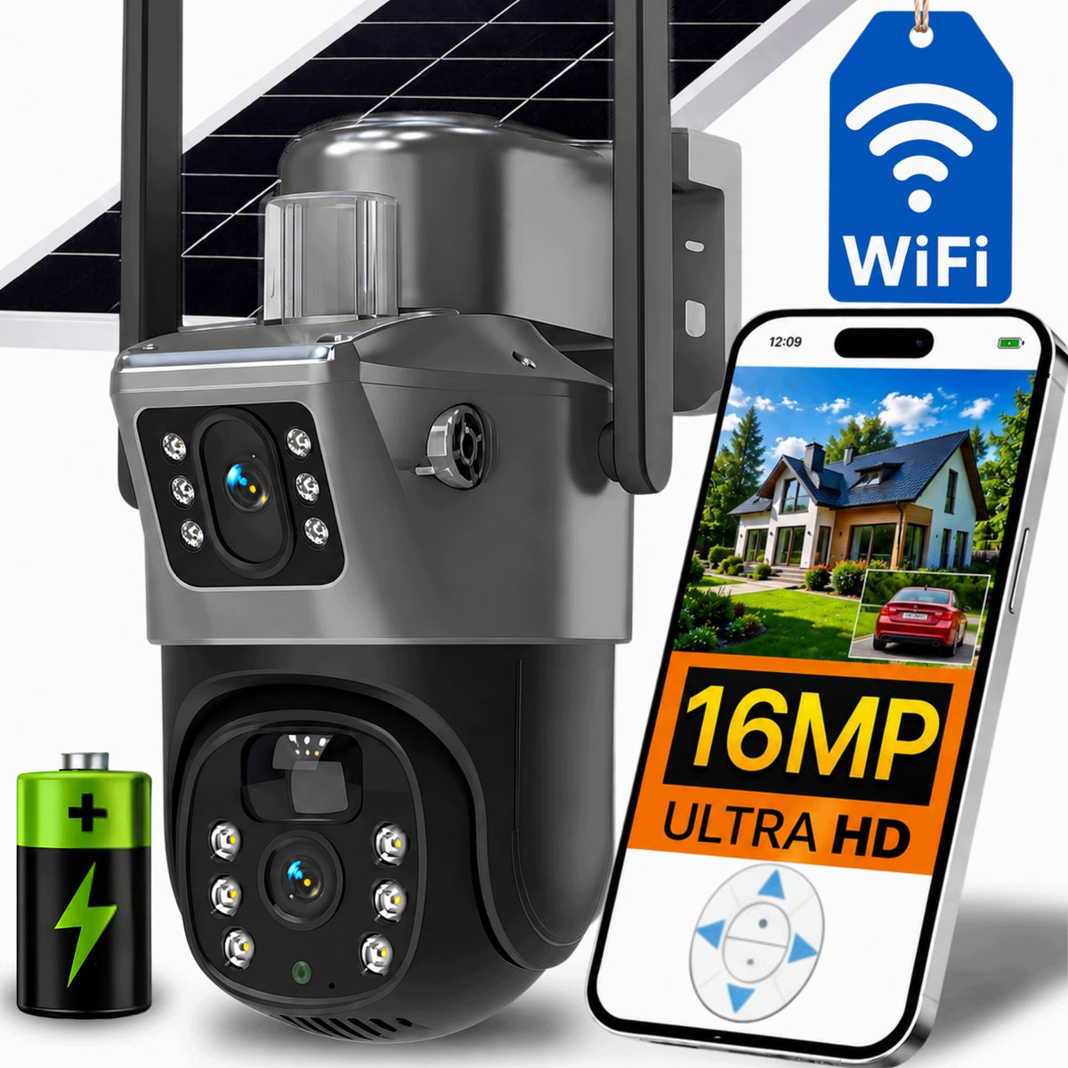SOLAR WIFI CAMERA DOUBLE 16MP ROTATING OUTDOOR BATTERY OPERATED SOLAR UHD