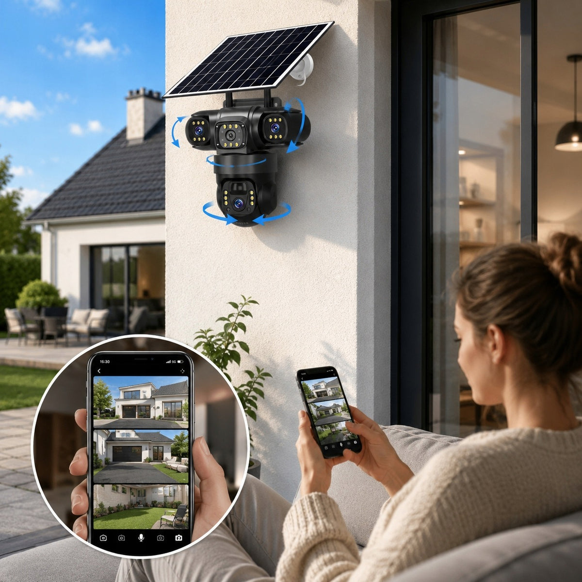SOLAR WIFI CAMERA OUTDOOR THREE HD 3X3MP ROTATING LENSES Packaging status original