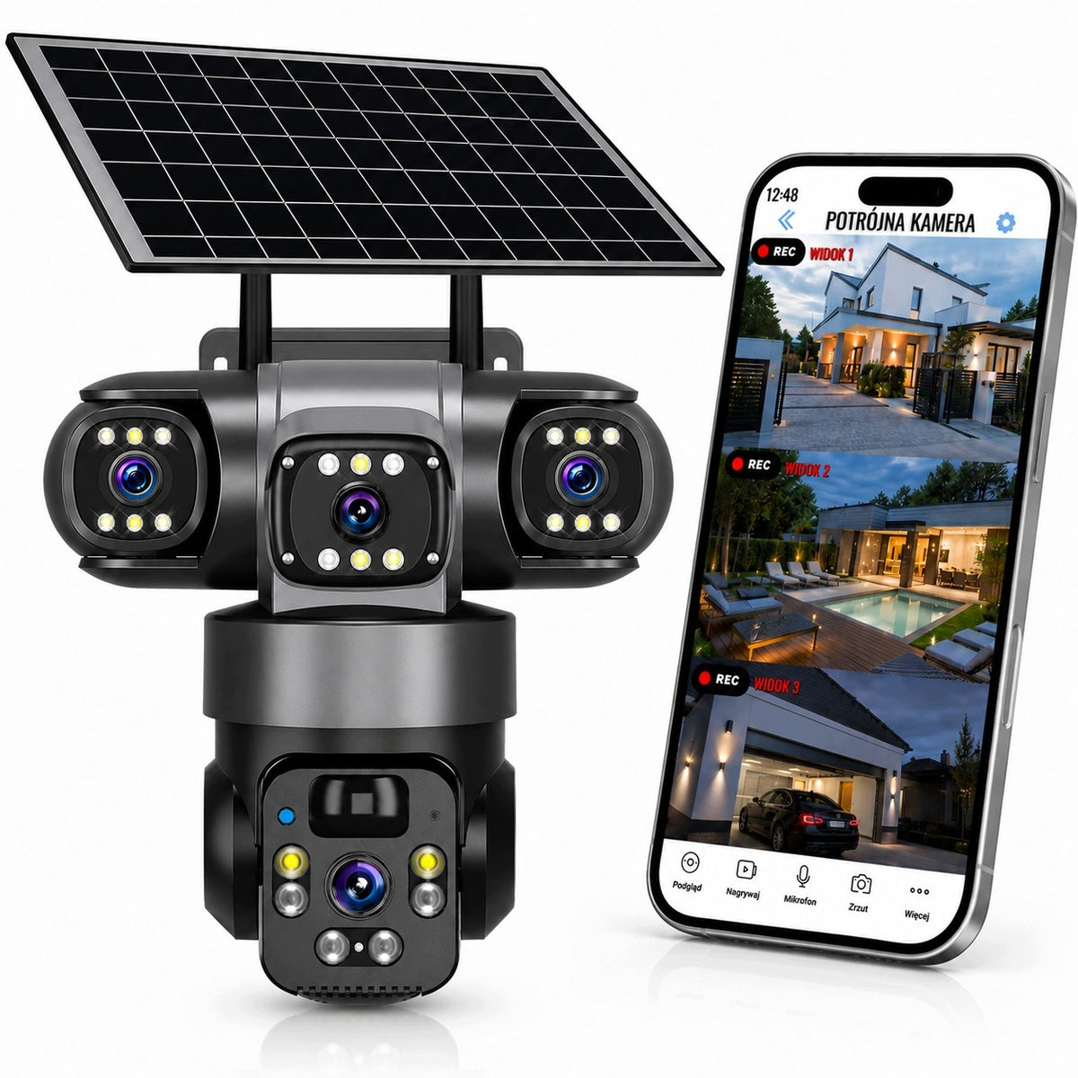 SOLAR WIFI CAMERA OUTDOOR THREE HD 3X3MP ROTATING LENSES