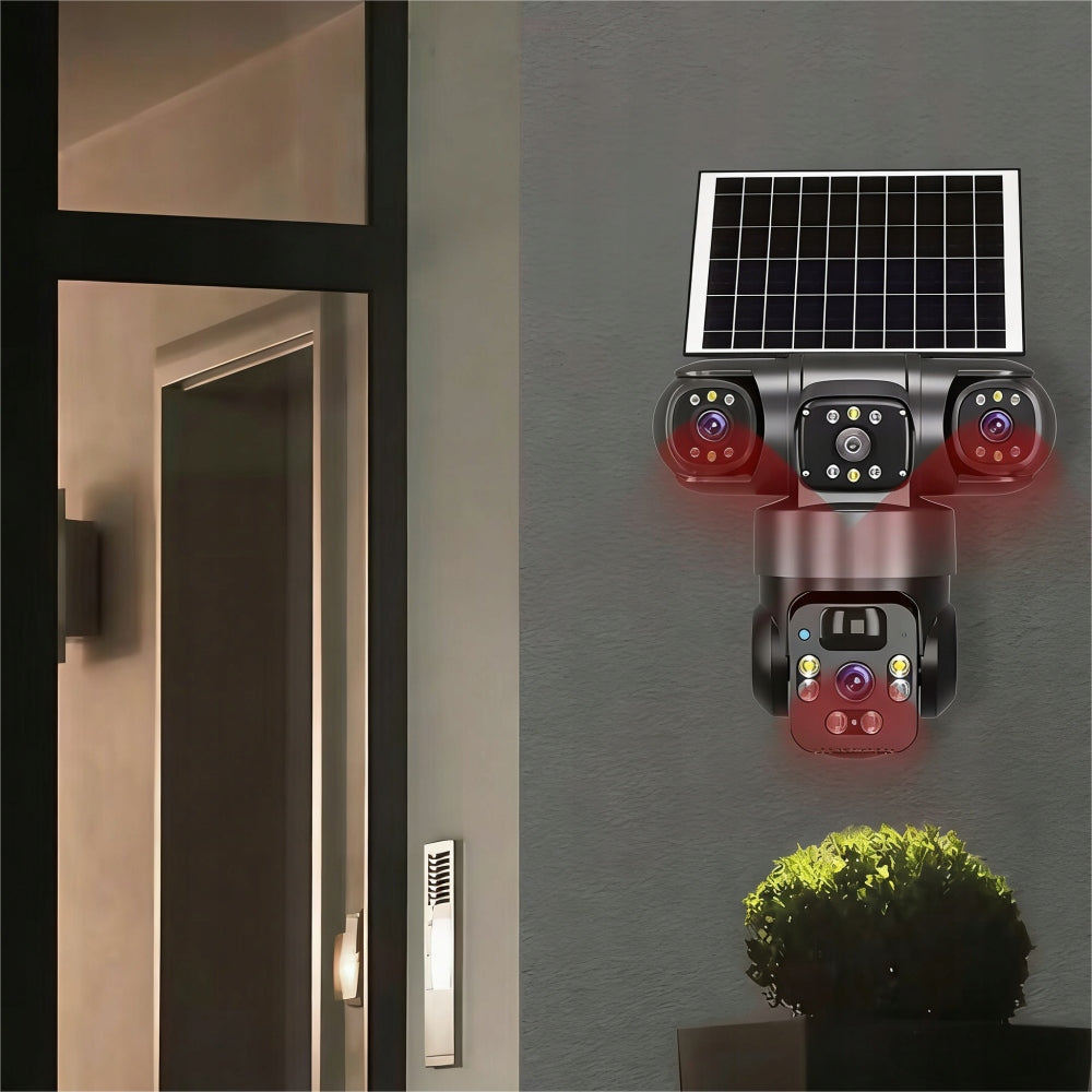 SOLAR WIFI CAMERA OUTDOOR THREE HD 3X4MP ROTATING LENSES Packaging status original