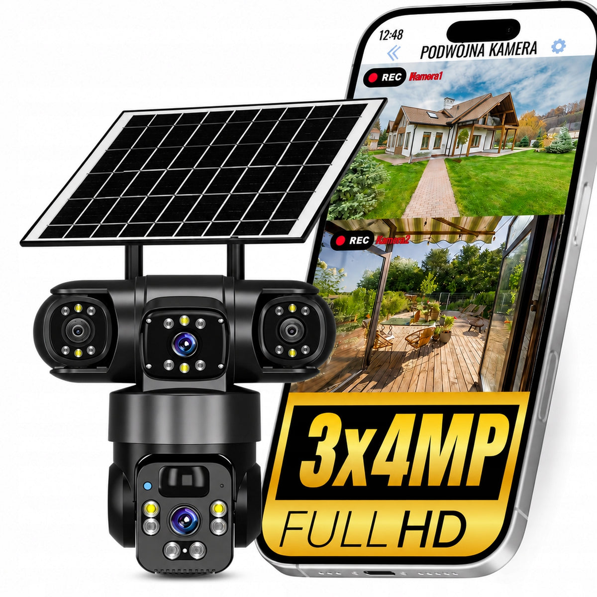 SOLAR WIFI CAMERA OUTDOOR THREE HD 3X4MP ROTATING LENSES