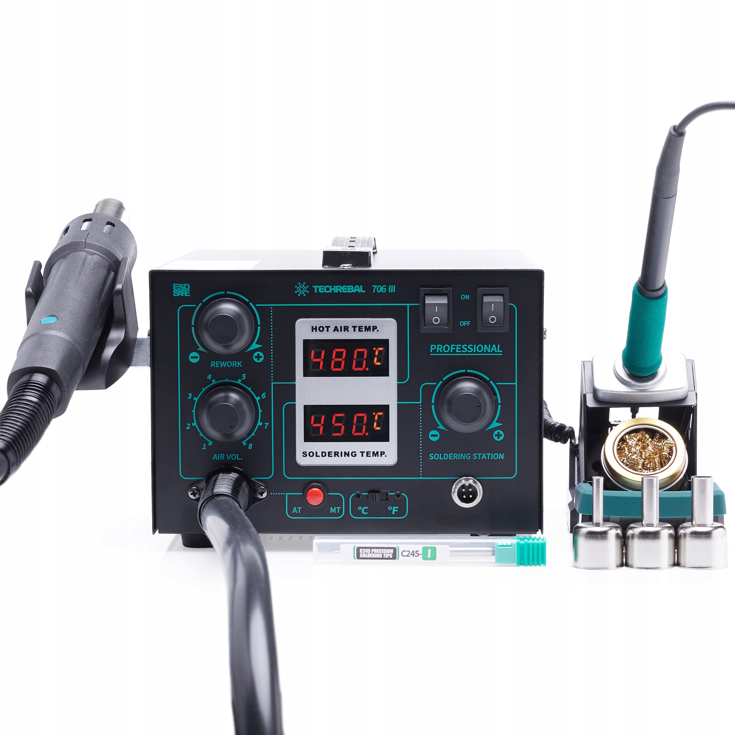 SOLDERING STATION 2in1 TECHREBAL 706 III HOT AIR FOR C245 720W TIPS Batteries included no