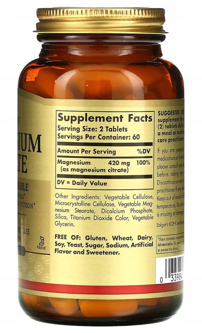 SOLGAR Magnesium Citrate MAGNESIUM Magnesium Citrate | 200 mg | 120 tablets Expiration date at least 1 year from the date of purchase