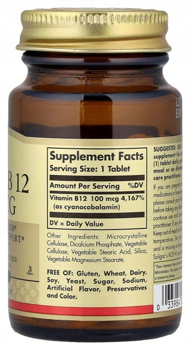 SOLGAR - Vitamin B12 | as cyanocobalamin | 100 mcg | 100 tab. EAN (GTIN) 033984031807