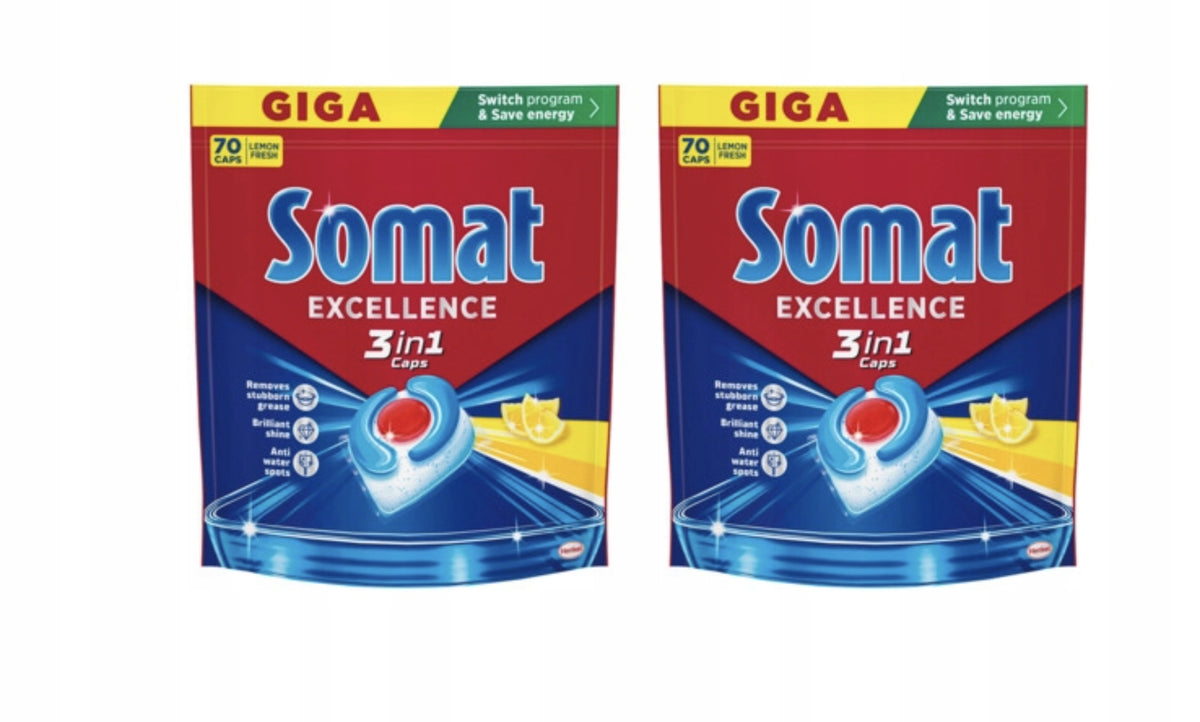 SOMAT Excellence 3in1 2x70pcs Dishwasher Capsules – LEMON / LEMON