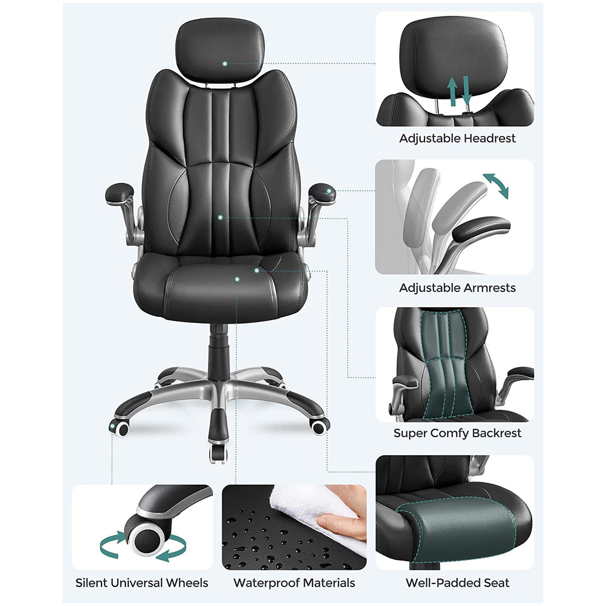 SONGMICS Swivel Office Chair Black with Headrest Folding Armrests Maximum load 150 kg
