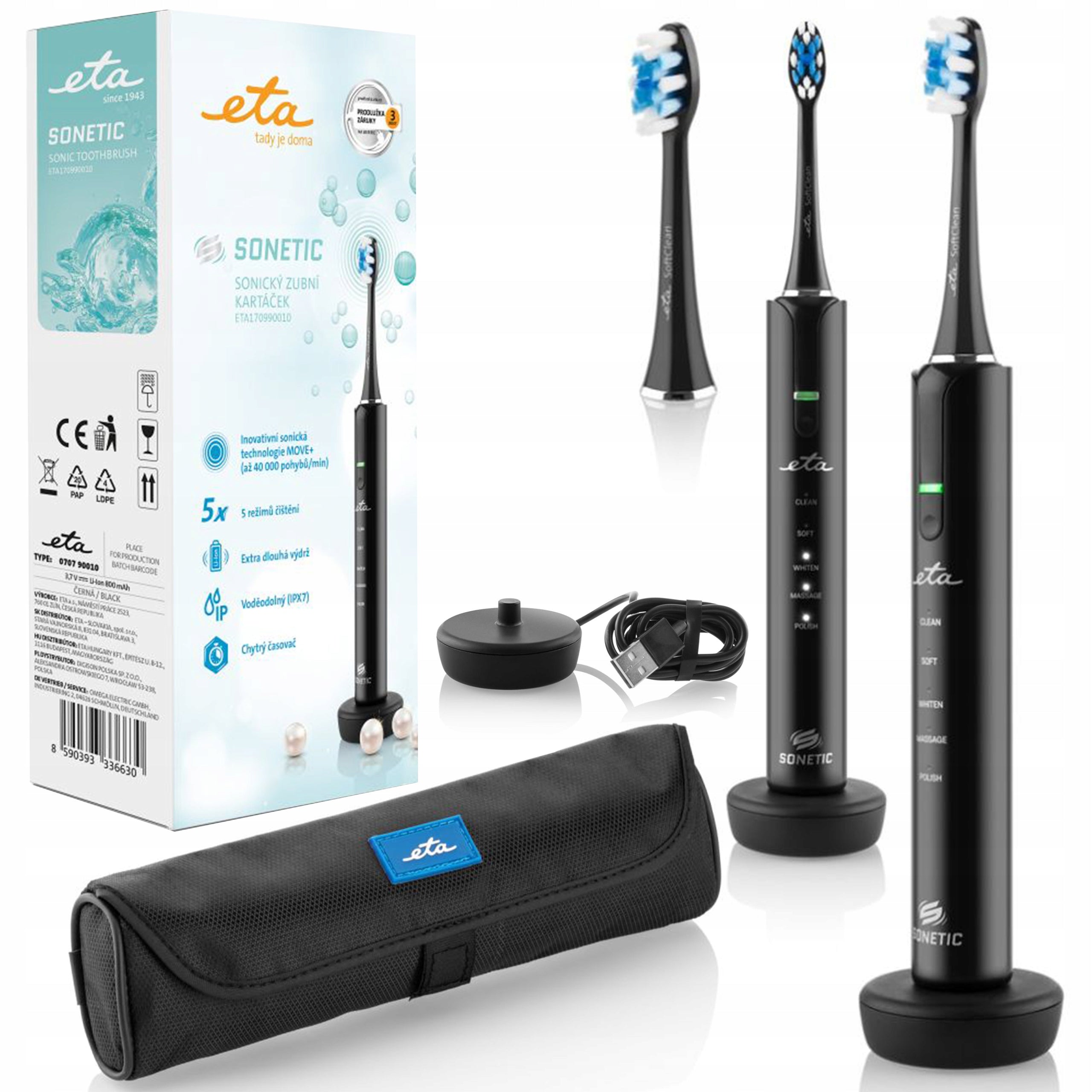SONIC TOOTHBRUSH 40000 movements/min CHARGING BASE CASE TIPS Brand ETA