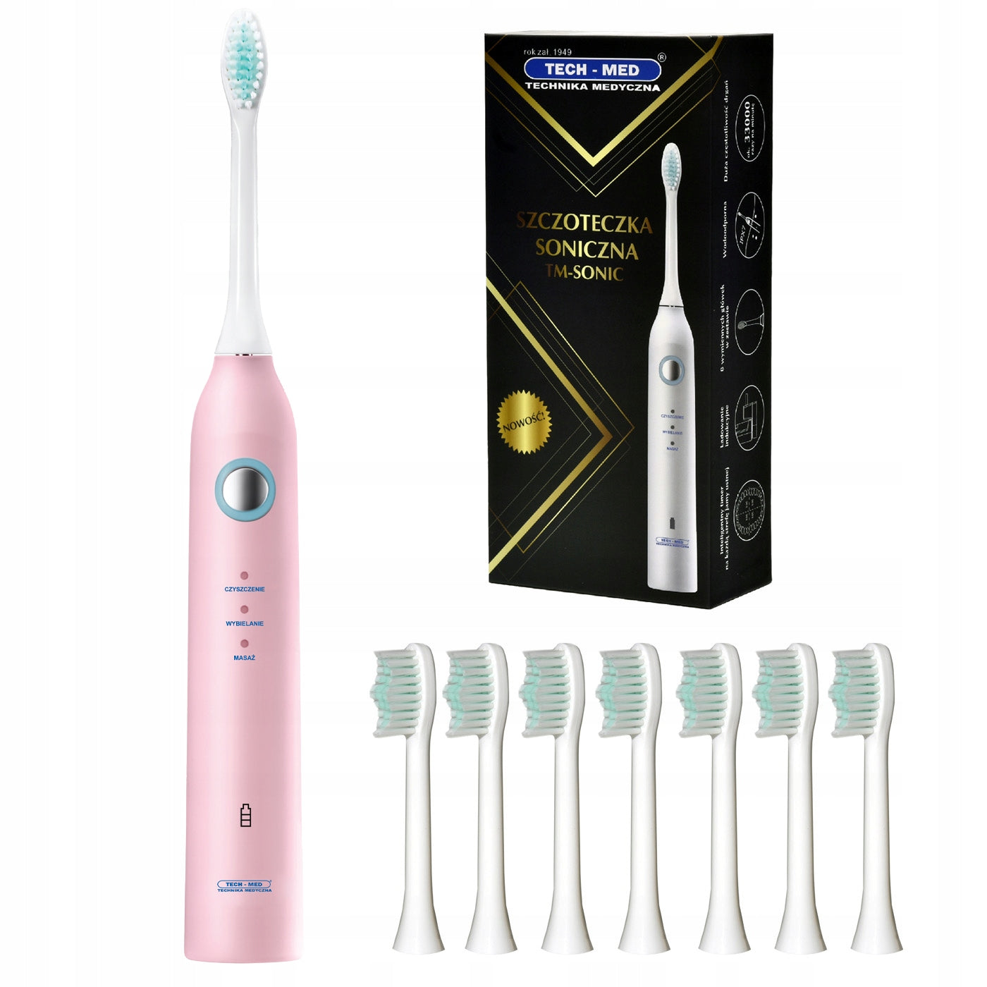 SONIC TOOTHBRUSH + 8 tips SET pink 3 MODES TECH-MED