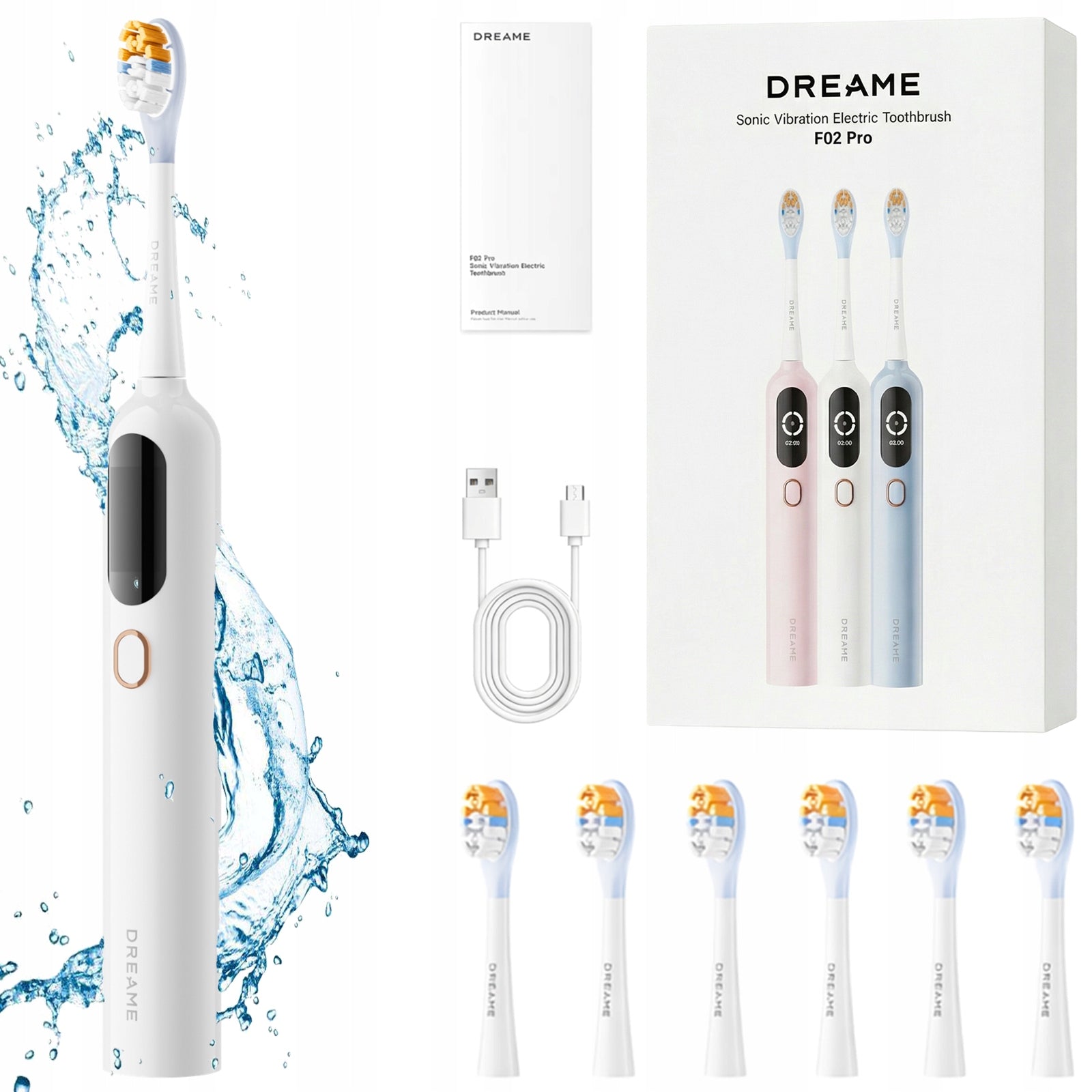 SONIC TOOTHBRUSH DREAME F02 PRO WHITE TIMER BATTERY 300 DAYS 6 TIPS