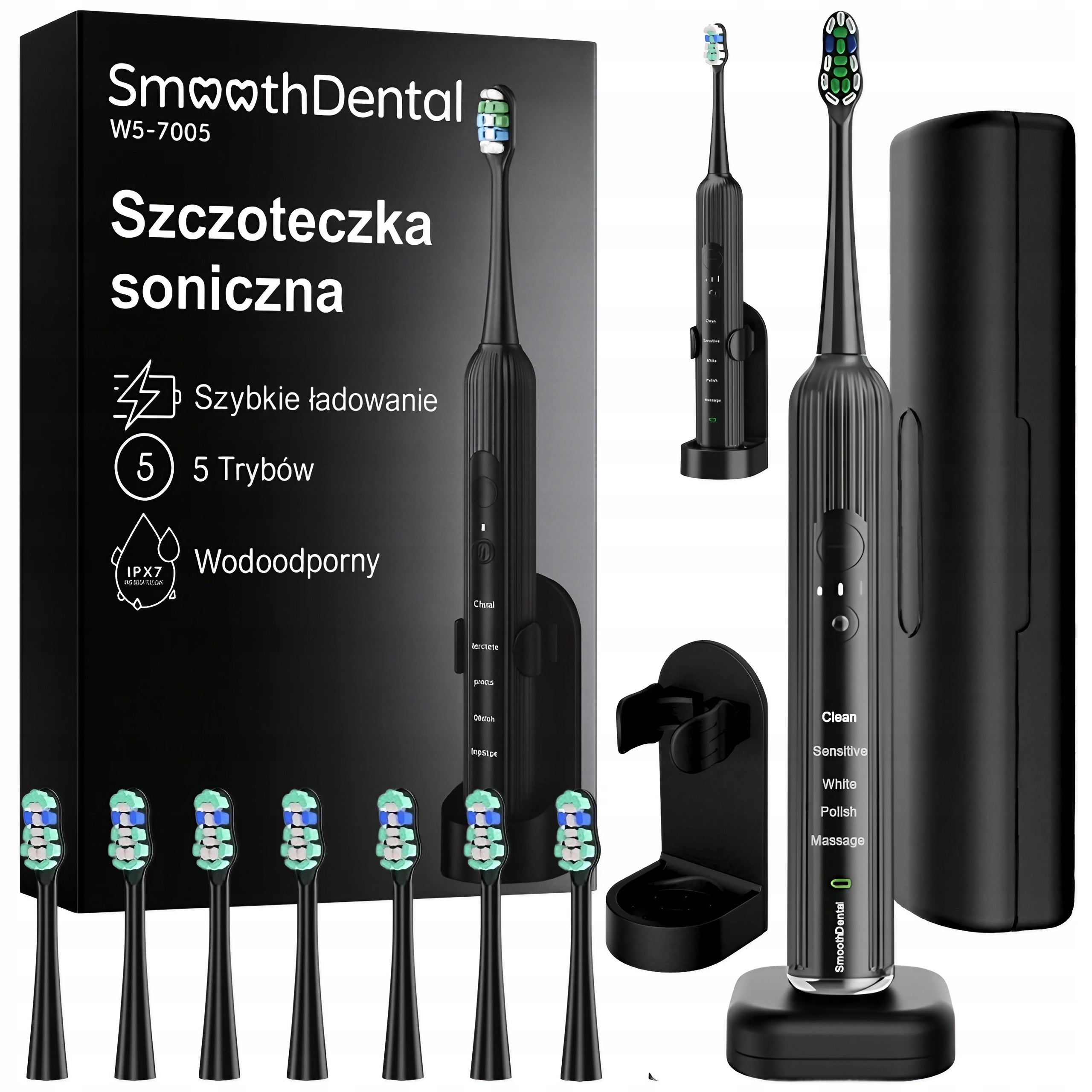 SONIC TOOTHBRUSH ELECTRIC CASE 5 MODES 8 TIPS + HANDLE