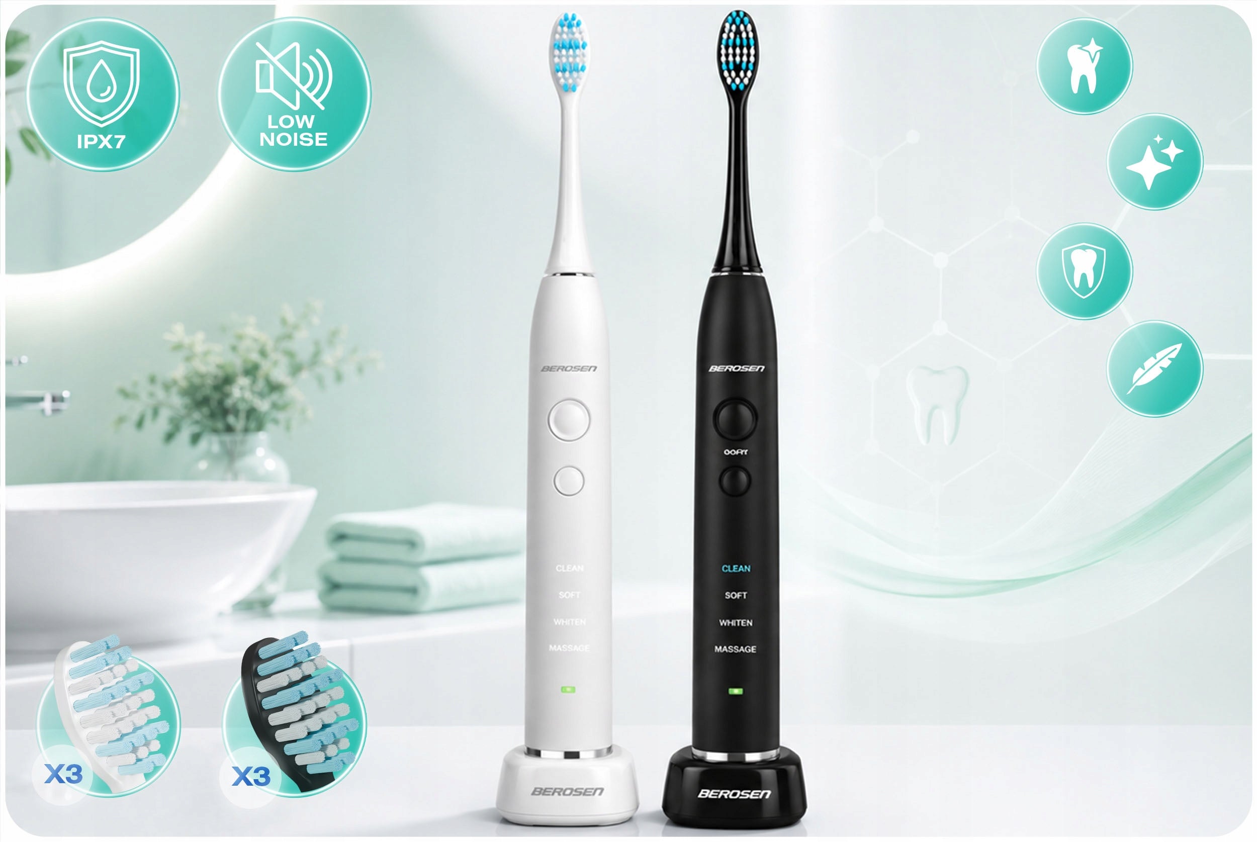 SONIC TOOTHBRUSH ELECTRIC SET OF 2 BERDSEN + TIPS Packaging status original