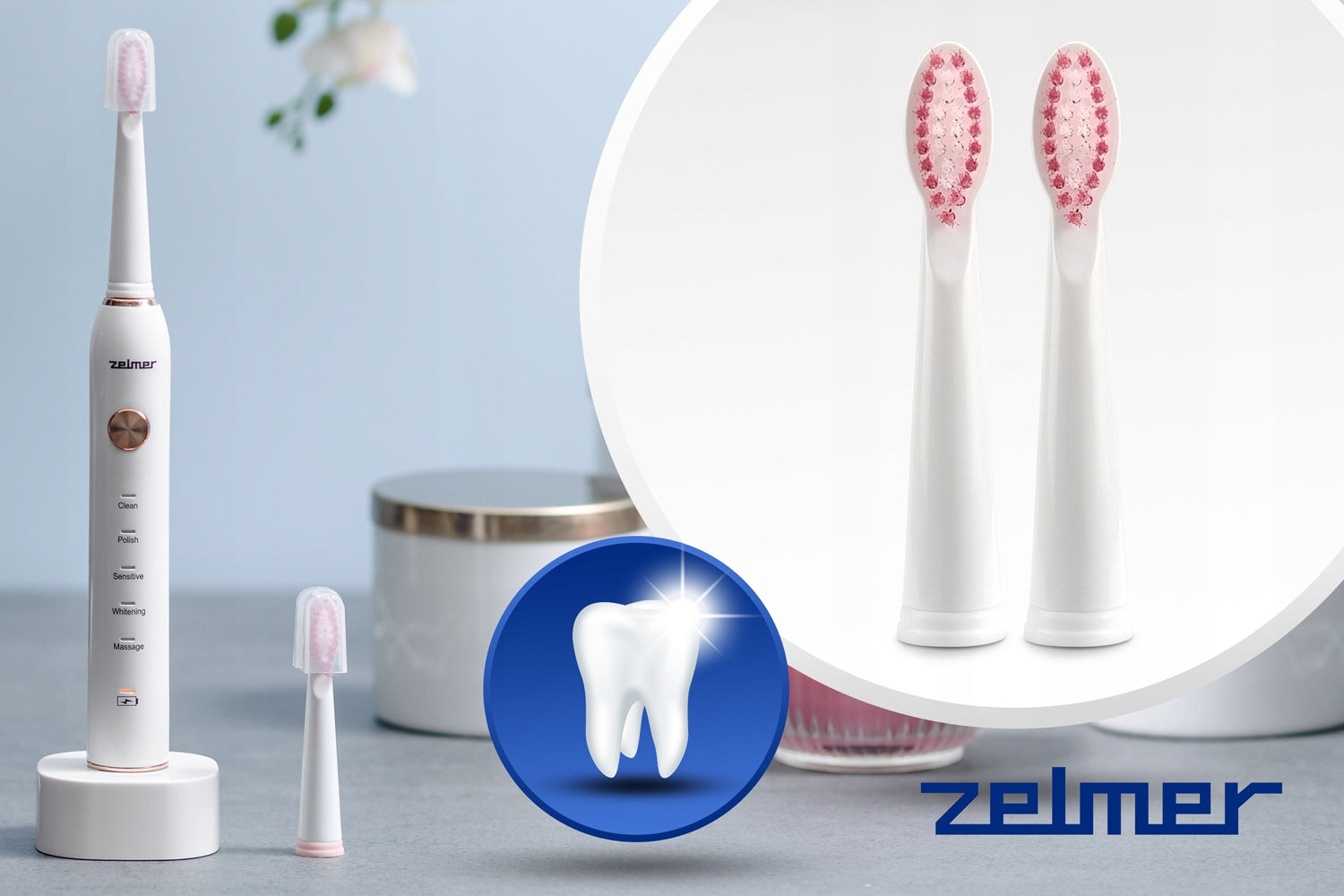 SONIC TOOTHBRUSH ZELMER FOR TEETH INDUCTION 2 TIPS 18000 rpm Manufacturer code ZTB1010W
