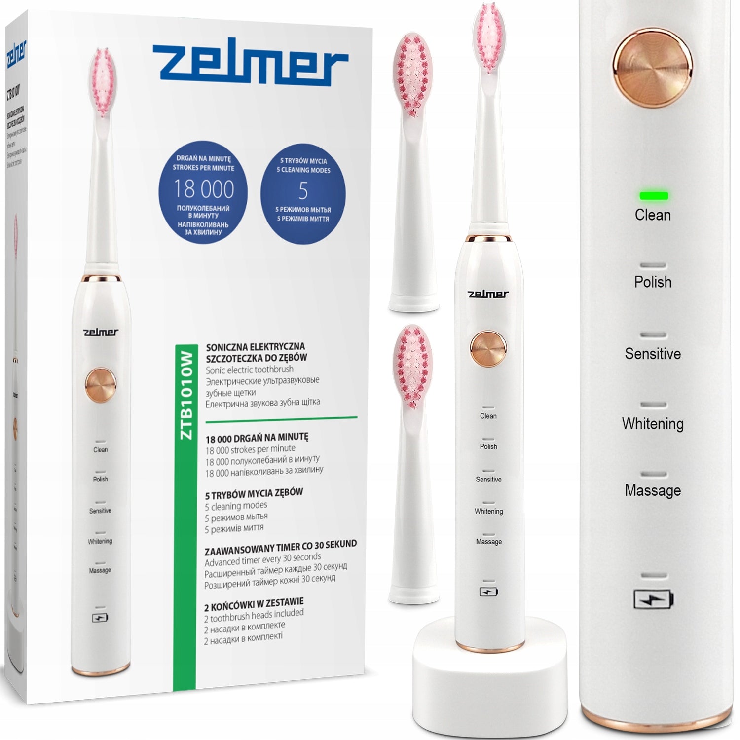 SONIC TOOTHBRUSH ZELMER FOR TEETH INDUCTION 2 TIPS 18000 rpm