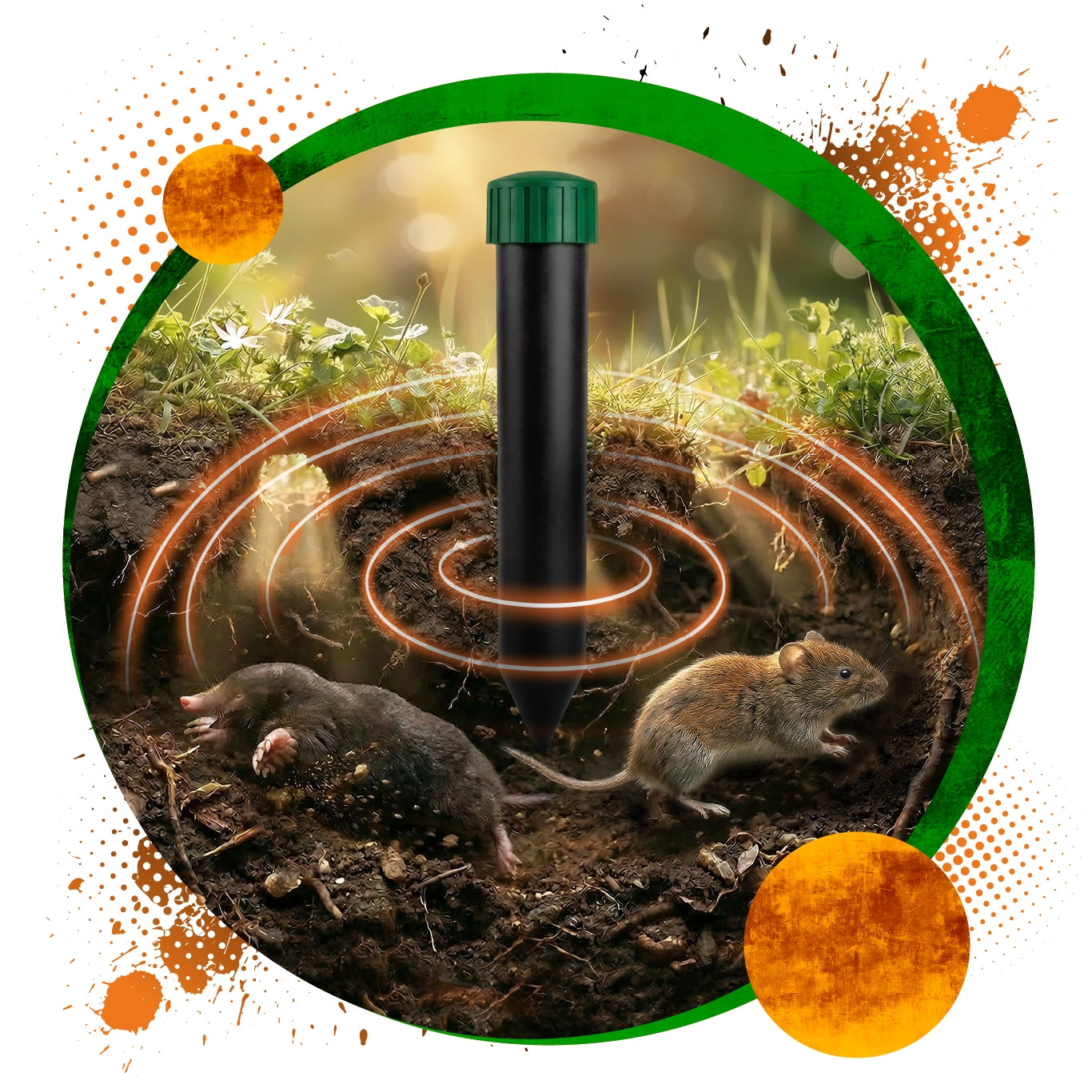 SOUND REPELLENT FOR MOLES VOLES MICE RODENTS 2pcs FOR GARDEN 1300m2 Batteries included no