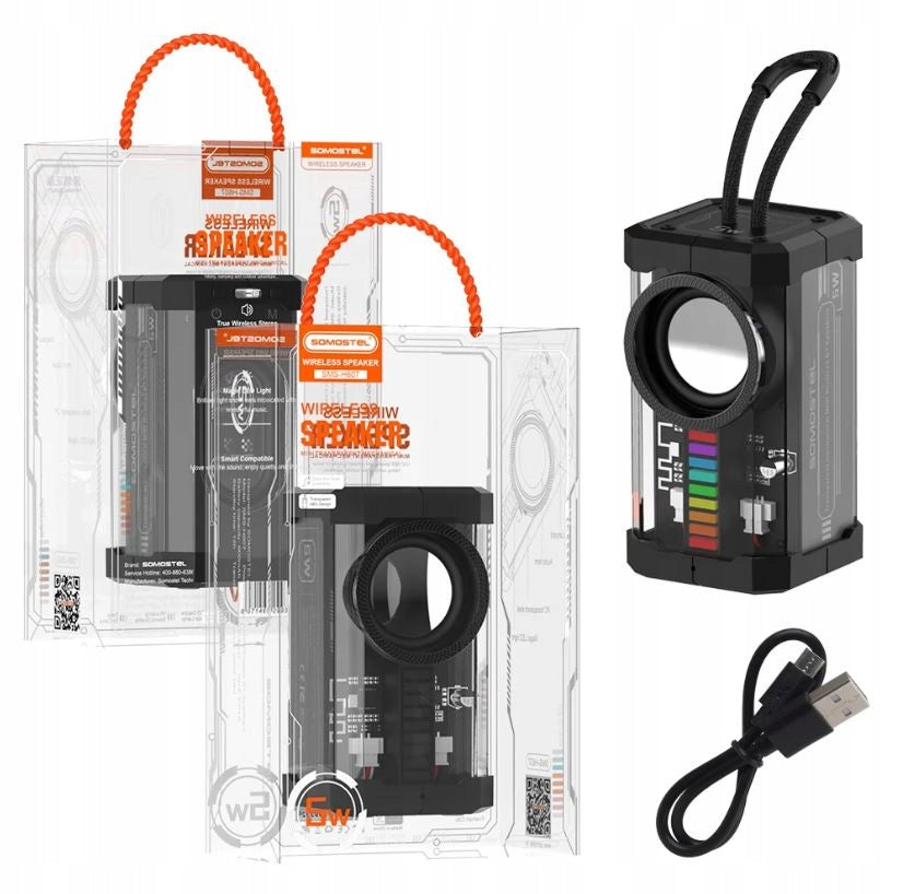SPEAKER with transparent BLUETOOTH SOMOSTEL H607 8 -12H battery cover! Packaging status original