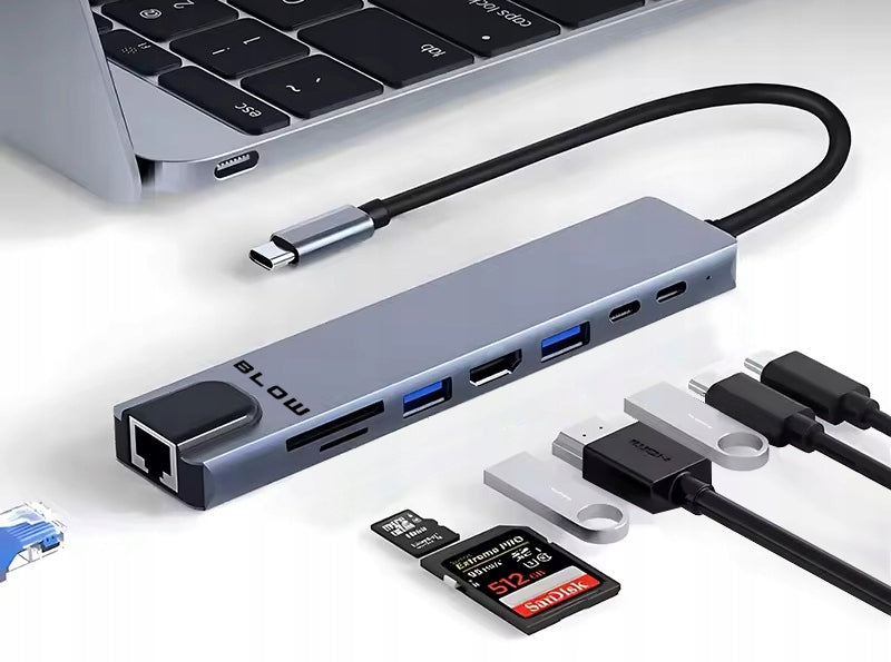 SPLITTER HUB USB 3.0 SD PD USB TYPE C HDMI MICRO SD RJ45 8IN1 Manufacturer code 86-077#