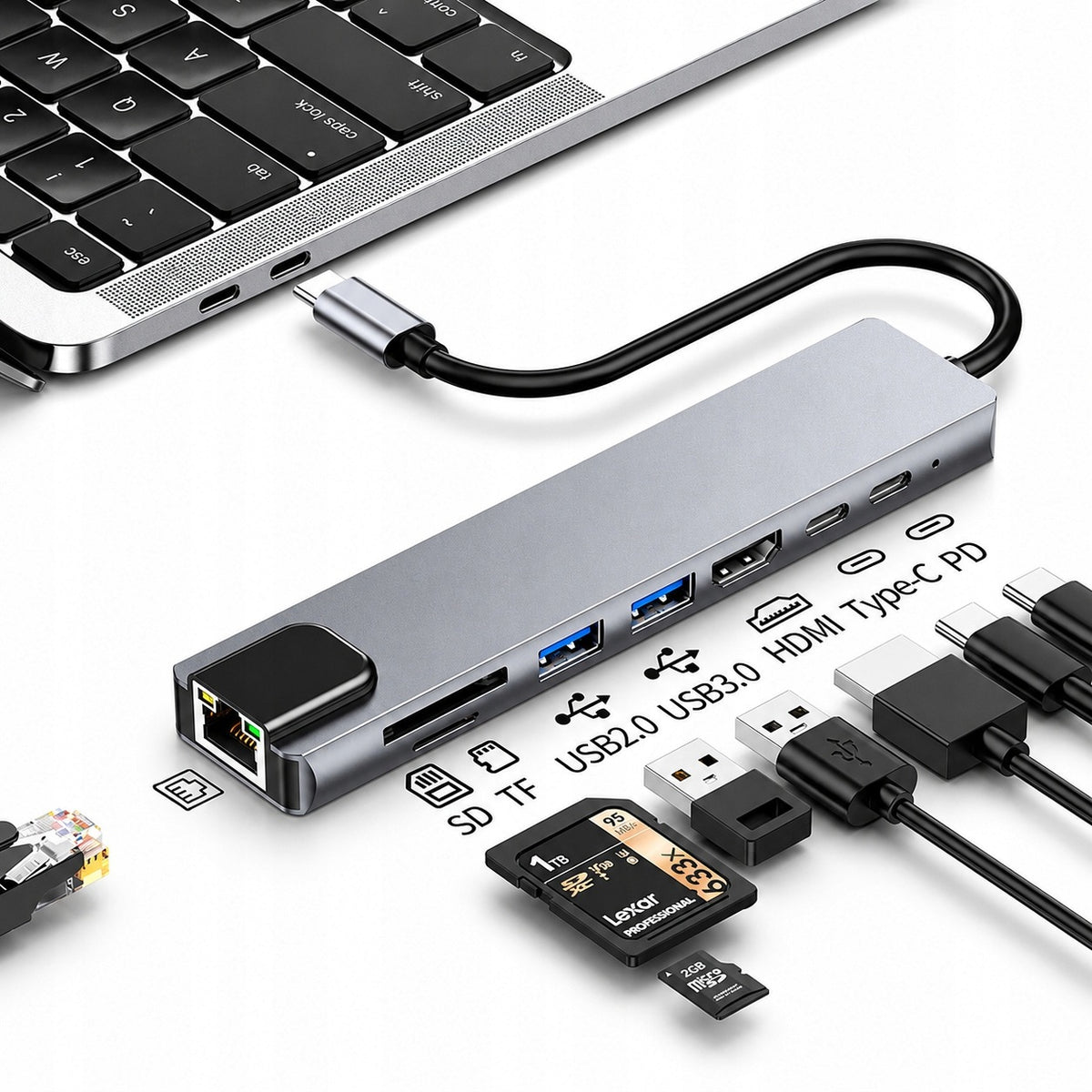 SPLITTER Hub 8in1 USB-A USB-C SD/TF USB 3.0 HDMI 4K RJ45 MULTIFUNCTIONAL Packaging status original